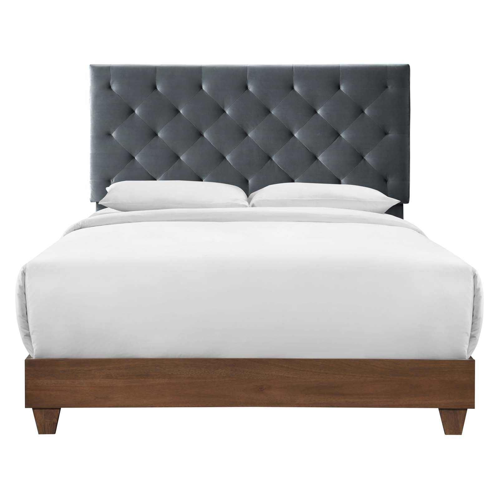 Weslen Queen Modern Upholstered Bed – Diamond Tufted Walnut Performance Velvet