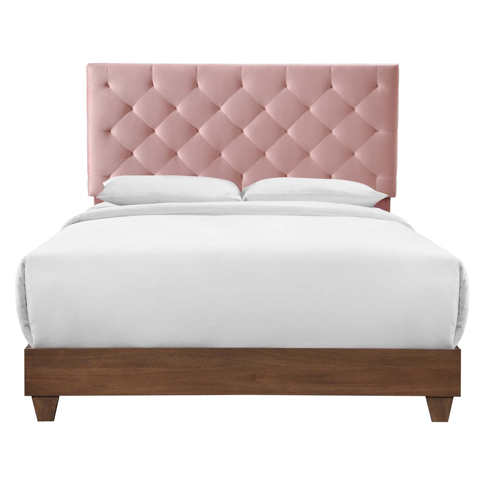 Weslen Queen Modern Upholstered Bed – Diamond Tufted Walnut Performance Velvet