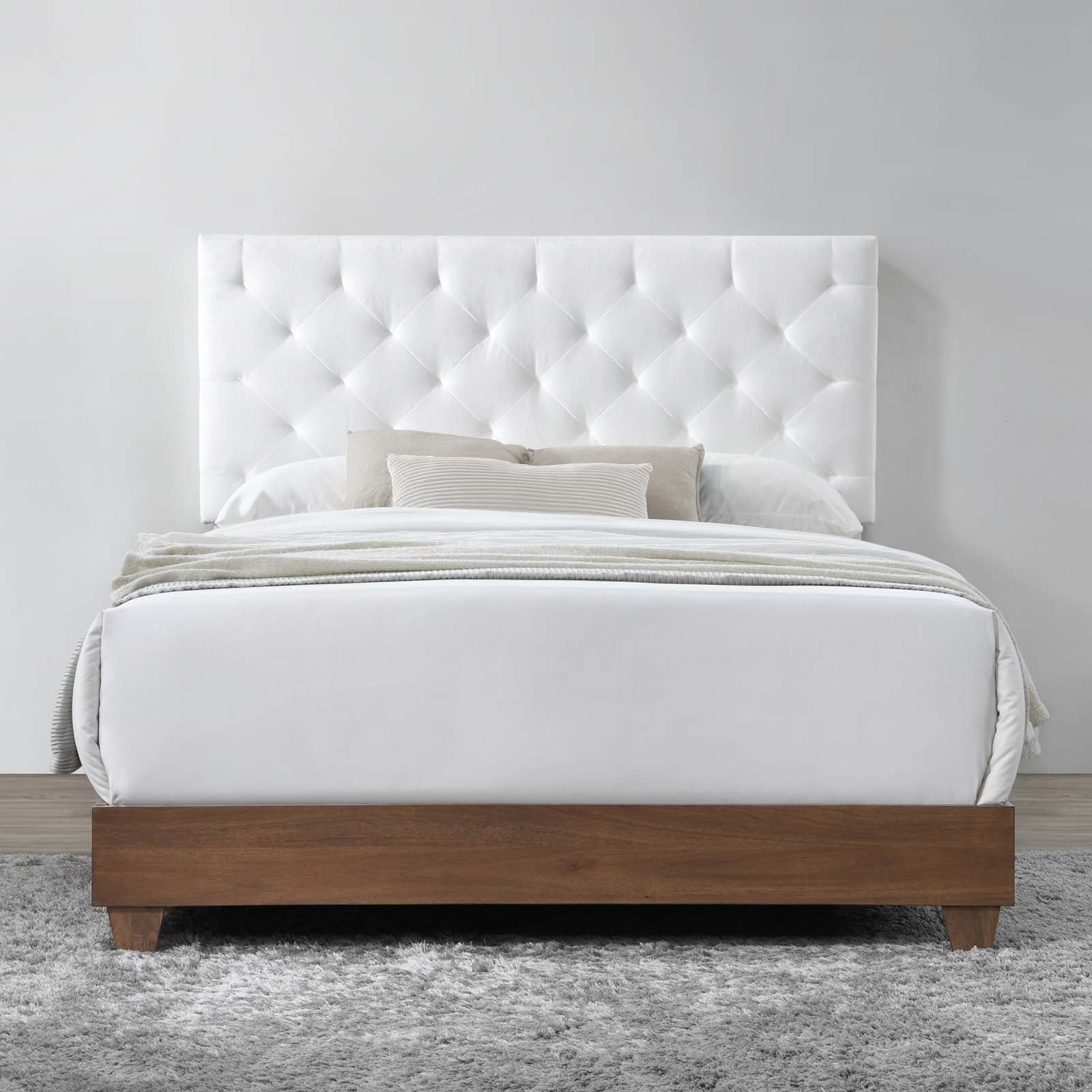 Weslen Queen Modern Upholstered Bed – Diamond Tufted Walnut Performance Velvet