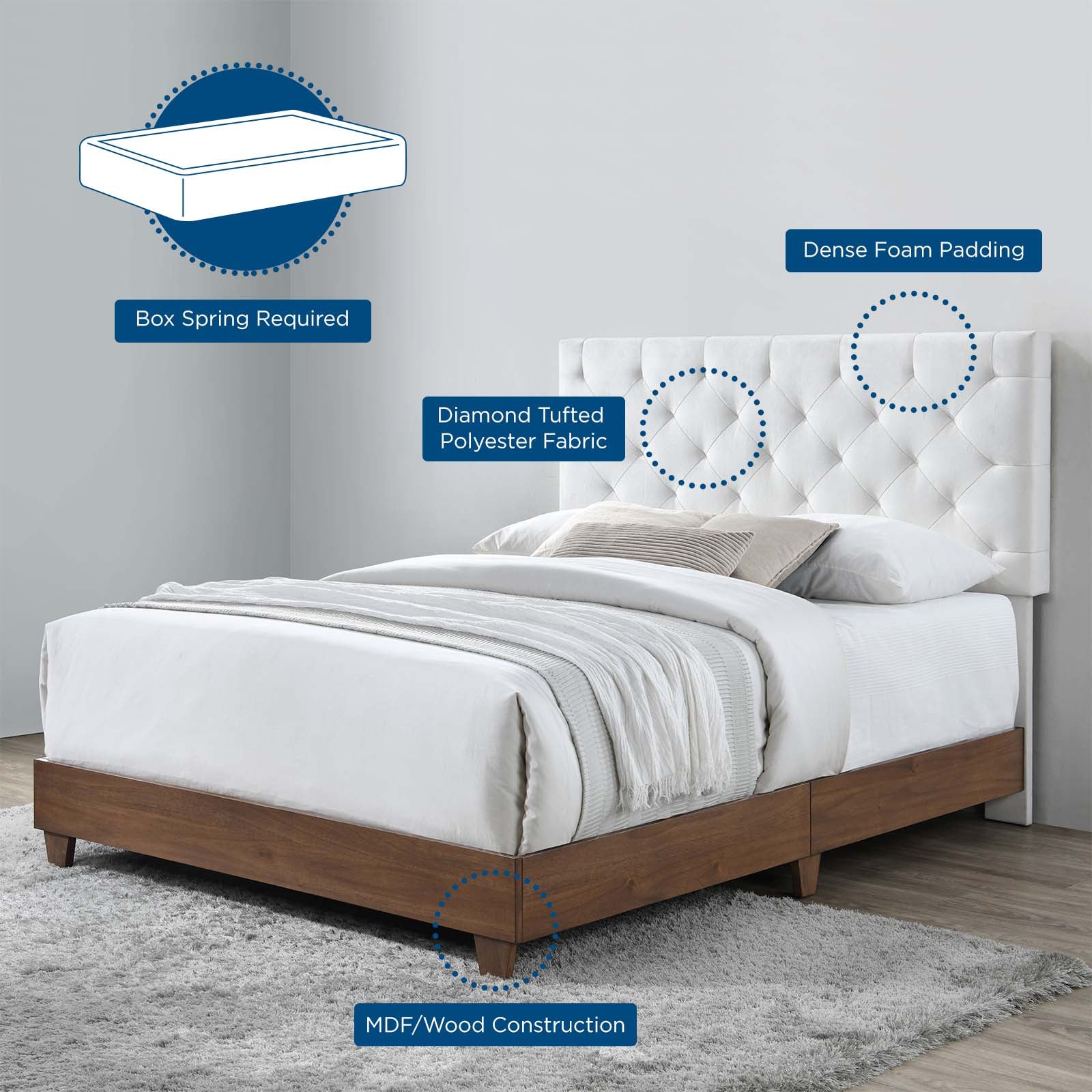 Weslen Queen Modern Upholstered Bed – Diamond Tufted Walnut Performance Velvet