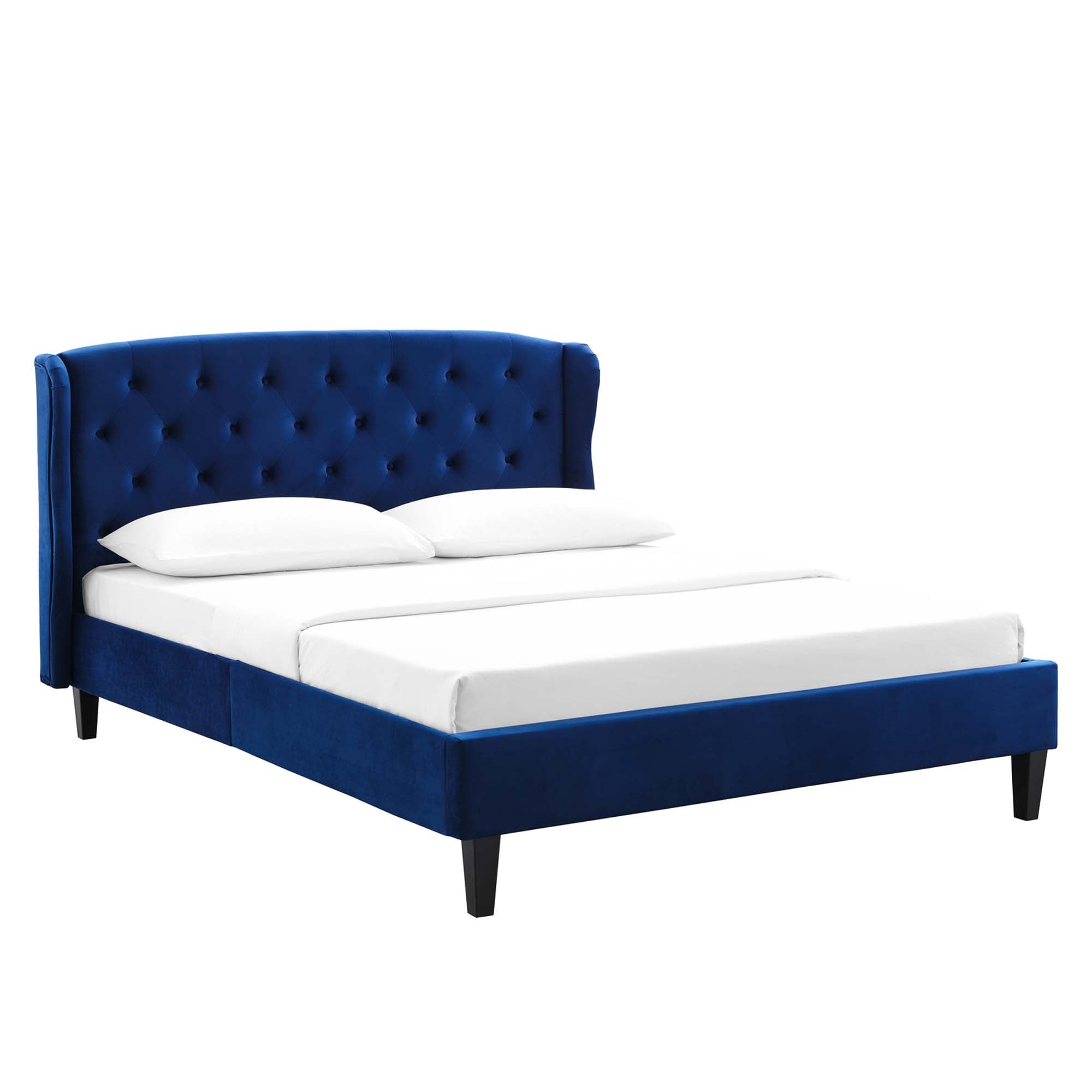 Melvin Queen Navy Velvet Platform Bed – Tufted Wingback with Wood Slats