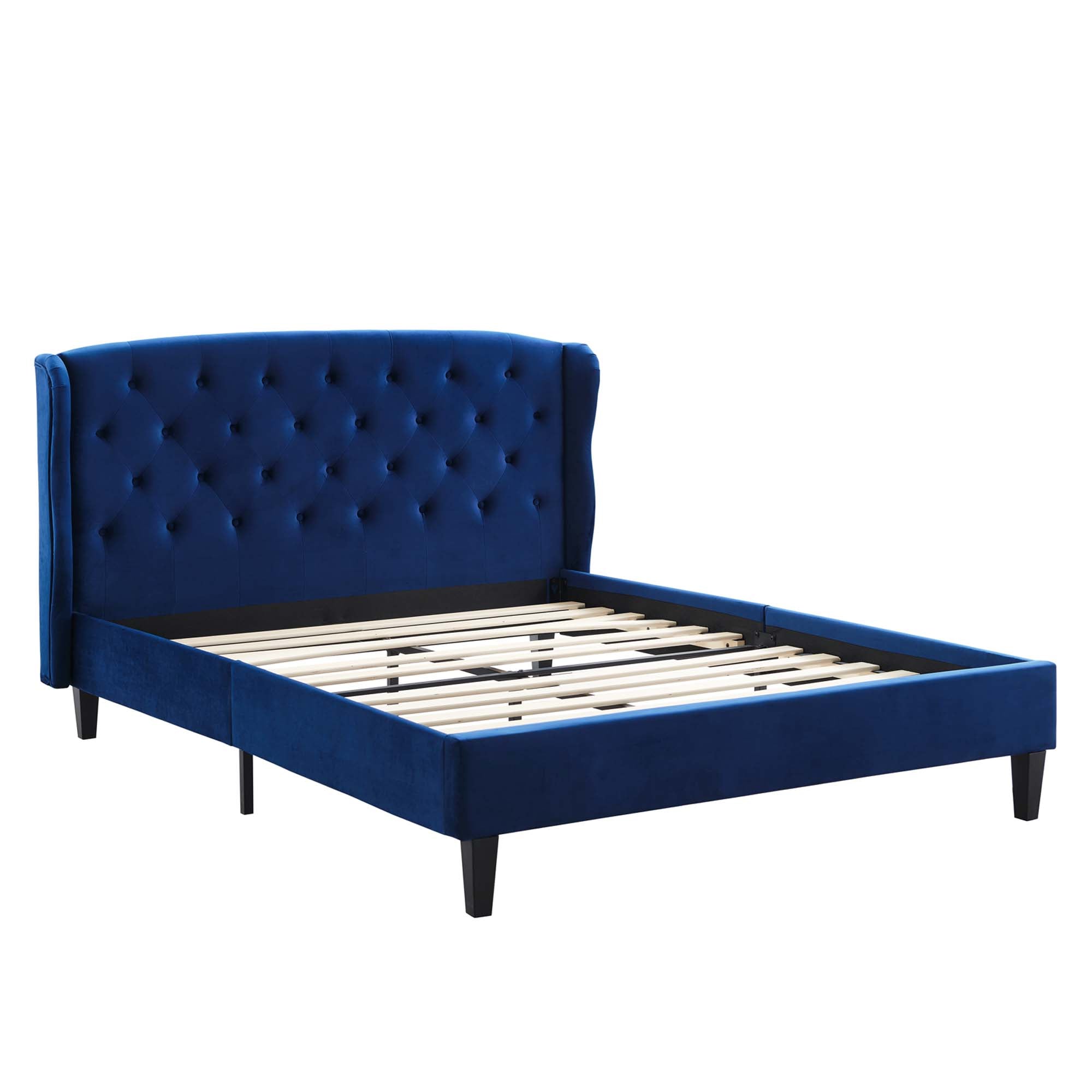 Melvin Queen Navy Velvet Platform Bed – Tufted Wingback with Wood Slats