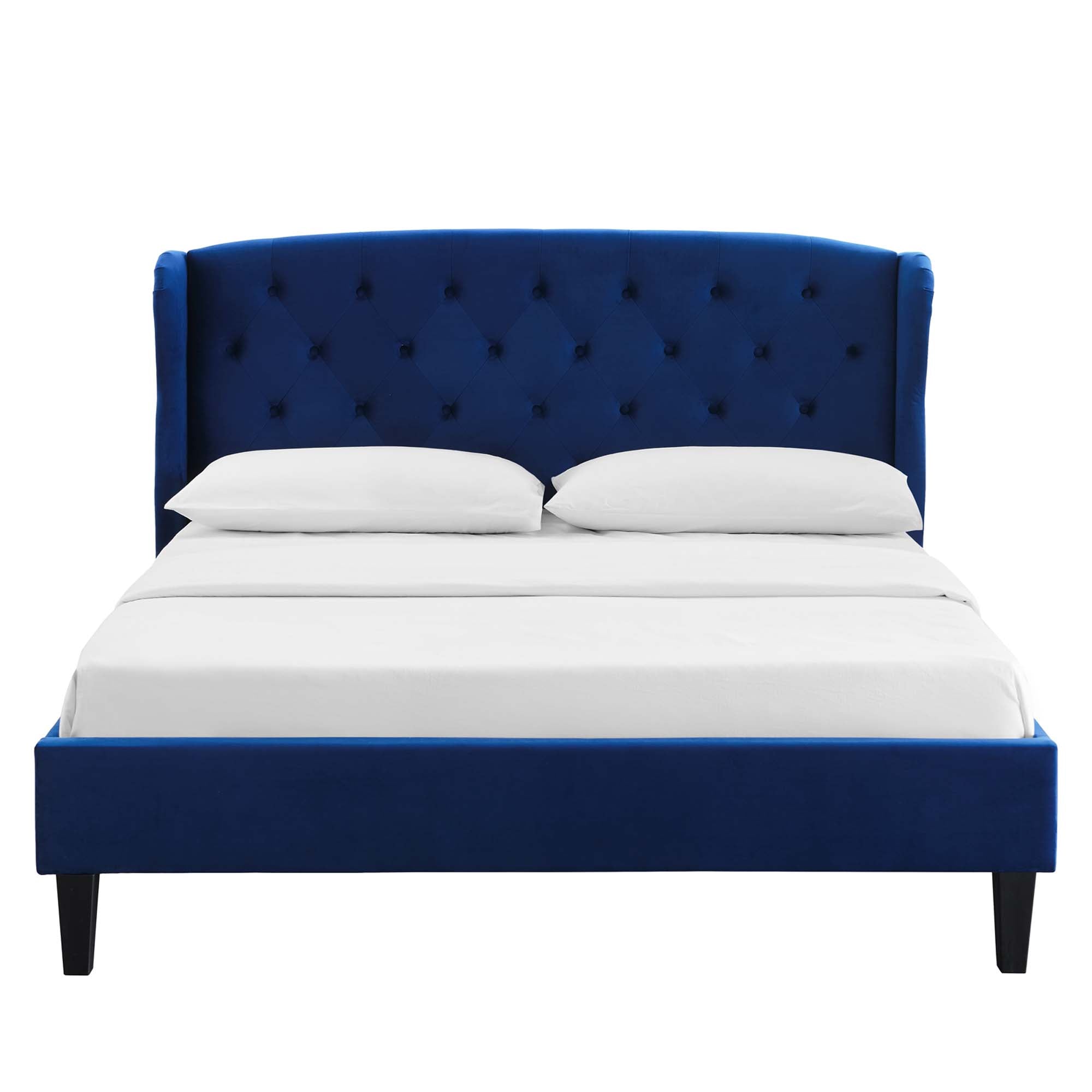 Melvin Queen Navy Velvet Platform Bed Tufted Wingback with Wood Slats