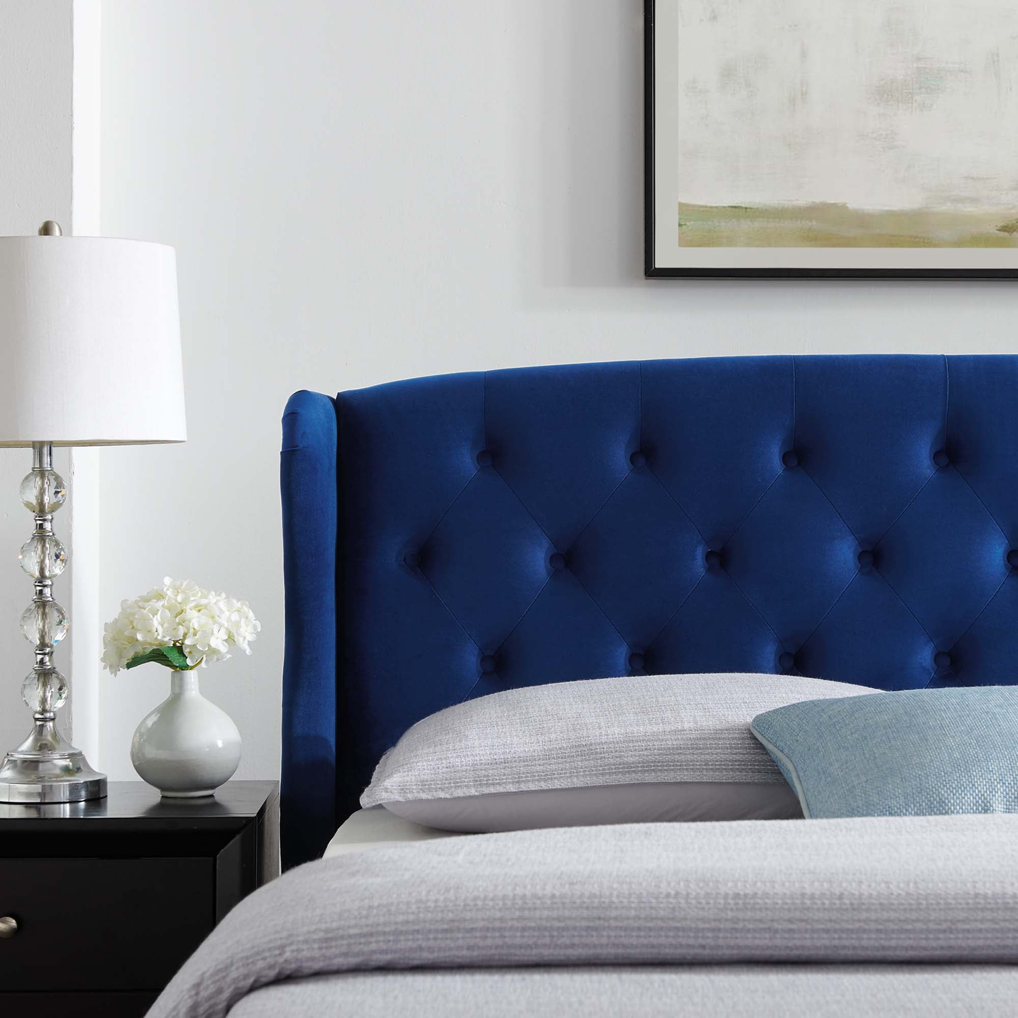 Melvin Queen Navy Velvet Platform Bed – Tufted Wingback with Wood Slats