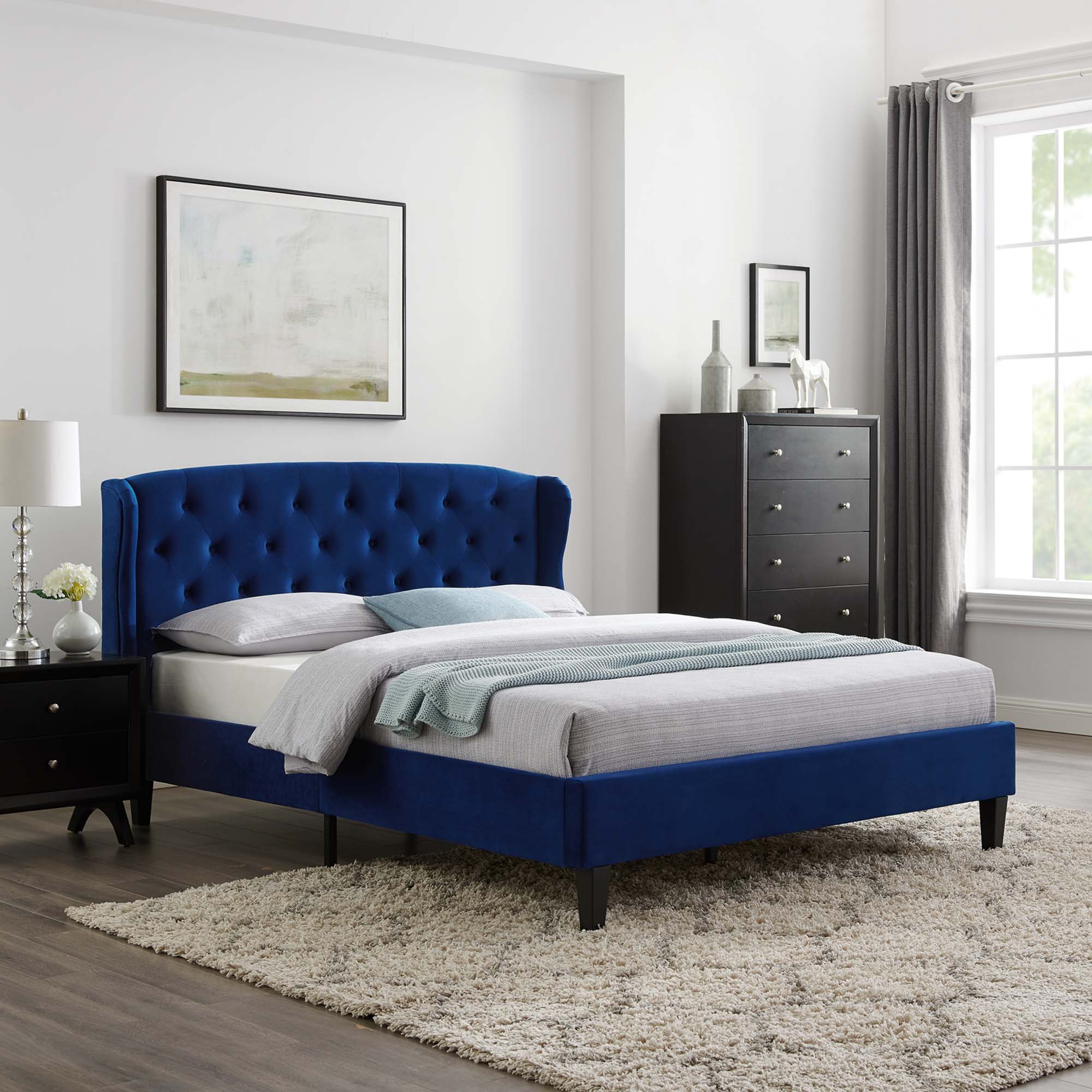Melvin Queen Navy Velvet Platform Bed Tufted Wingback with Wood Slats