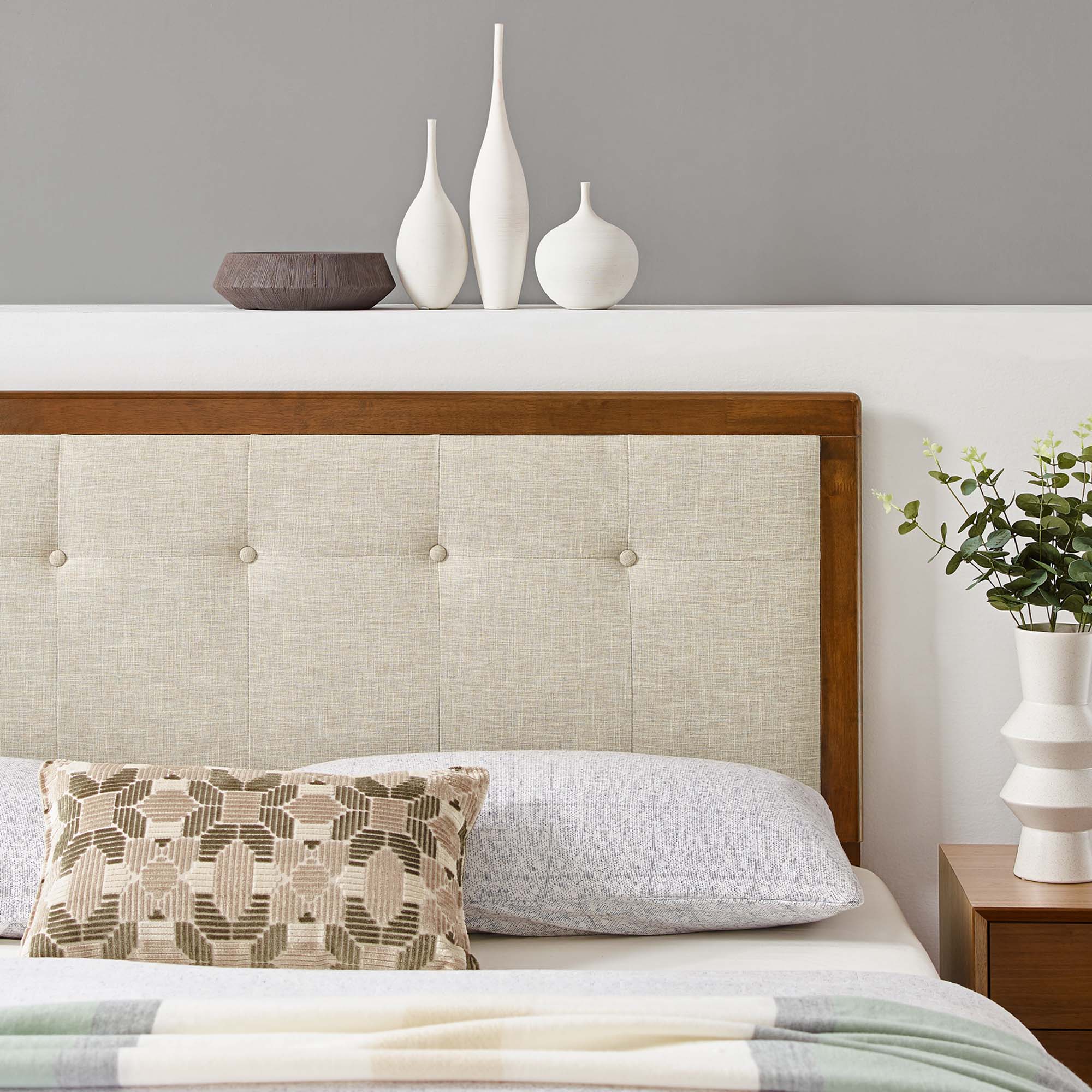 Draper Tufted Fabric and Wood Queen Headboard, Walnut Beige