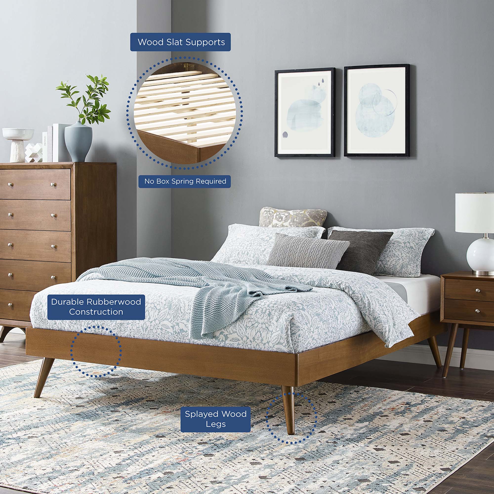 Thrive Full Walnut Platform Bed Frame Wood Slat Support System