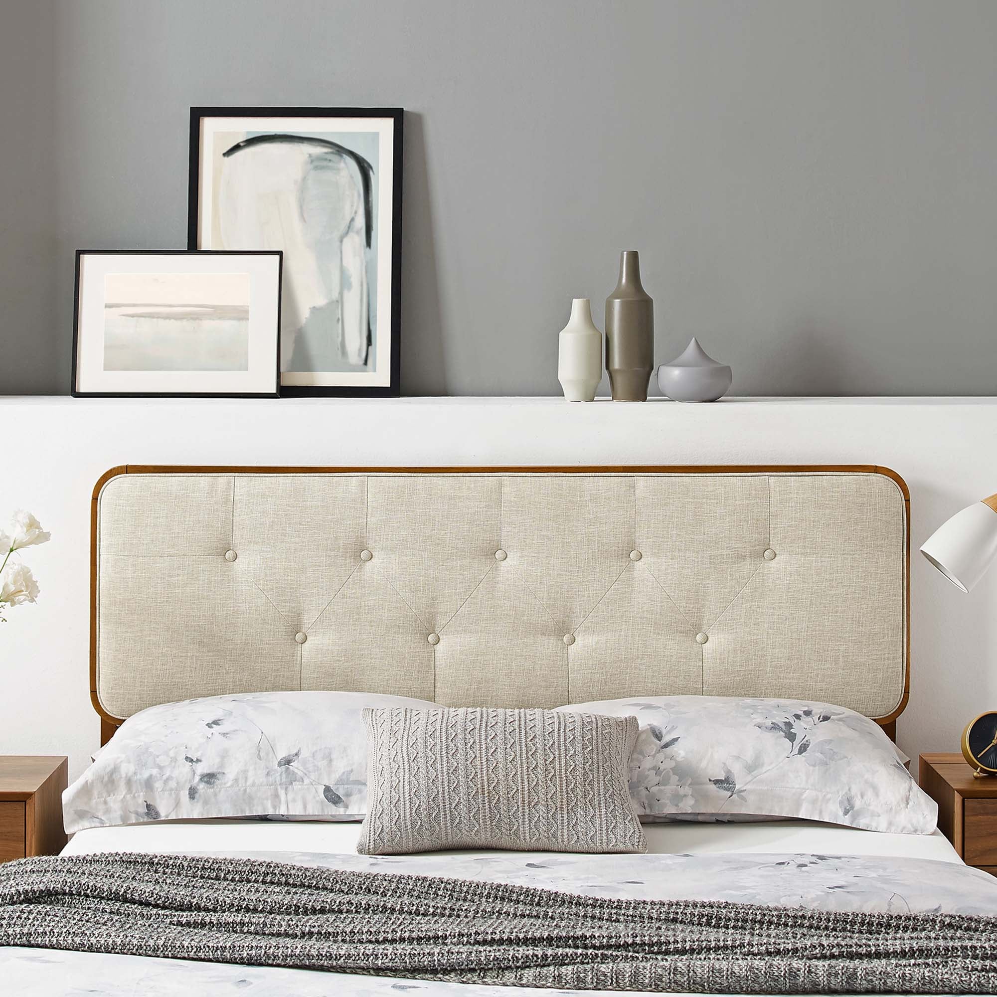 Collins Tufted Fabric and Wood Full Headboard, Walnut Beige