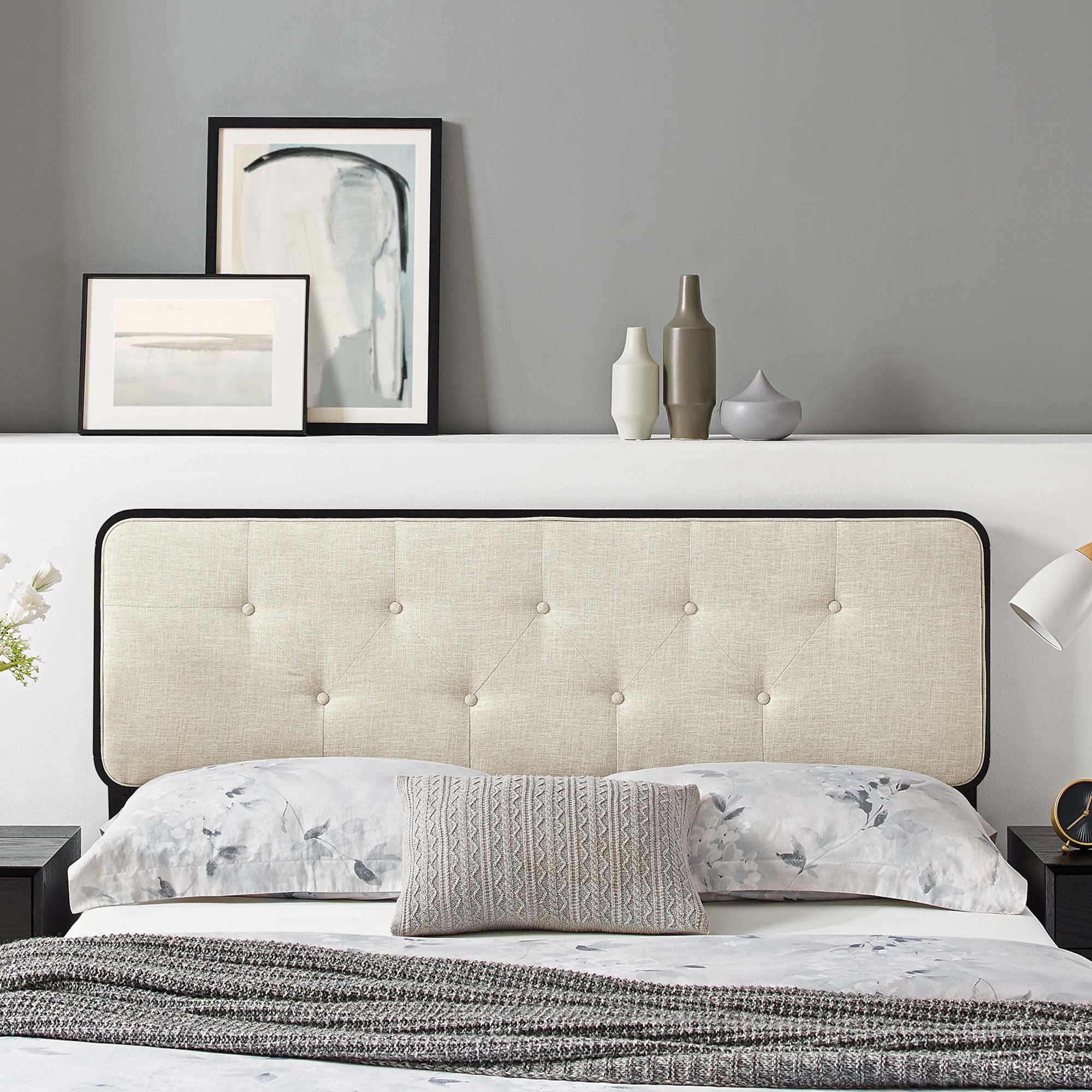 Collins Tufted Fabric and Wood Queen Headboard, Black Beige