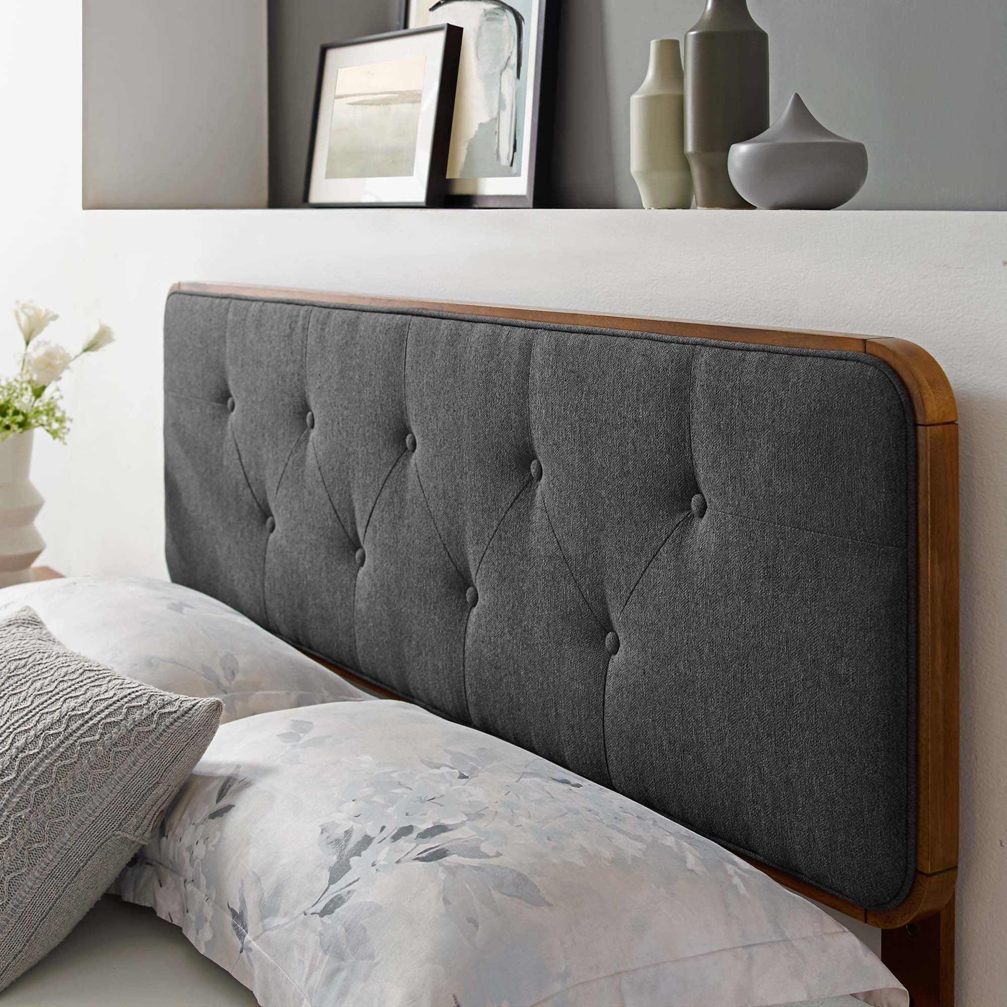 Collins Tufted Fabric and Wood King Headboard, Walnut Charcoal