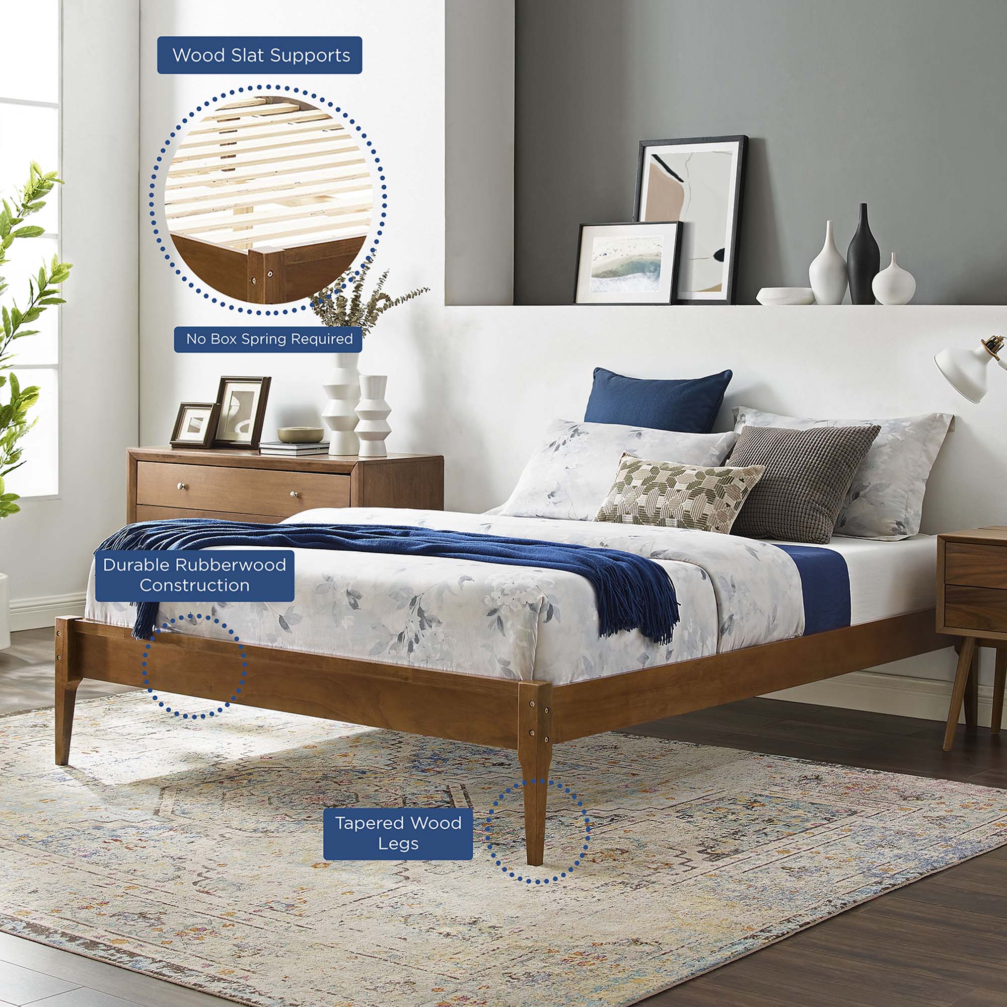 Biagio Full Walnut Wood Platform Bed Frame – No Box Spring Required
