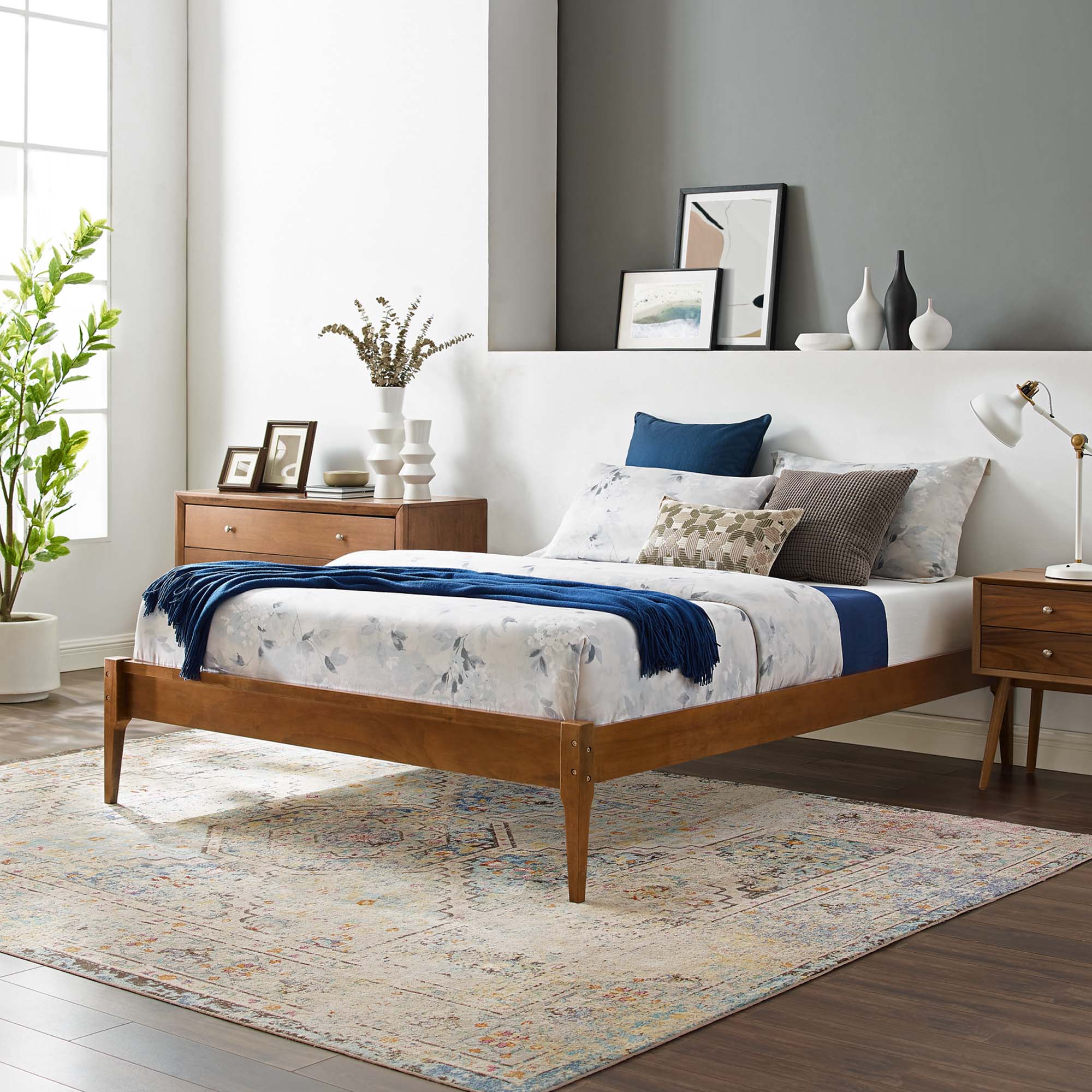 Biagio Full Walnut Wood Platform Bed Frame – No Box Spring Required