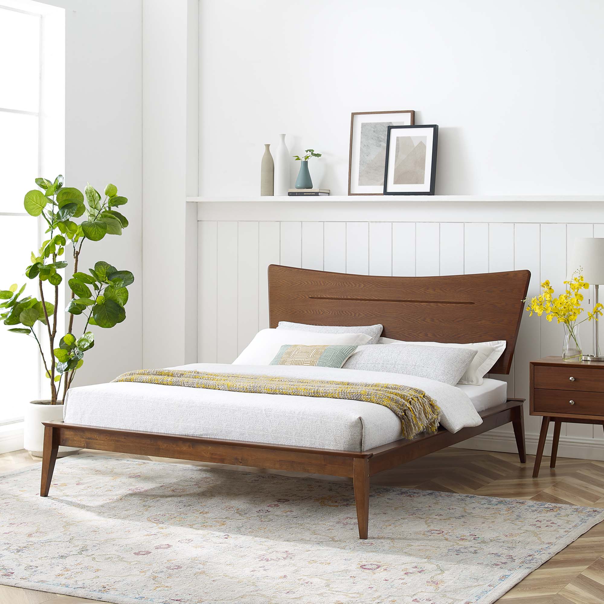 Seraphina King Walnut Wood Platform Bed Retro Design
