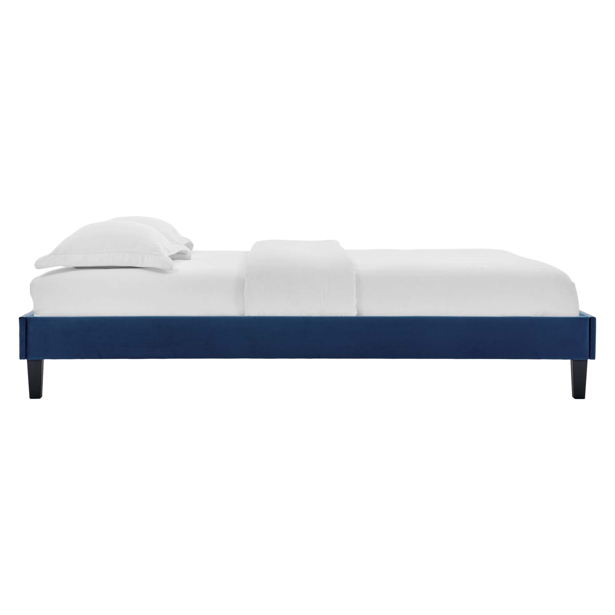 Twin Navy Saunter Performance Velvet Platform Bed Frame – Upholstered with Wood Slats