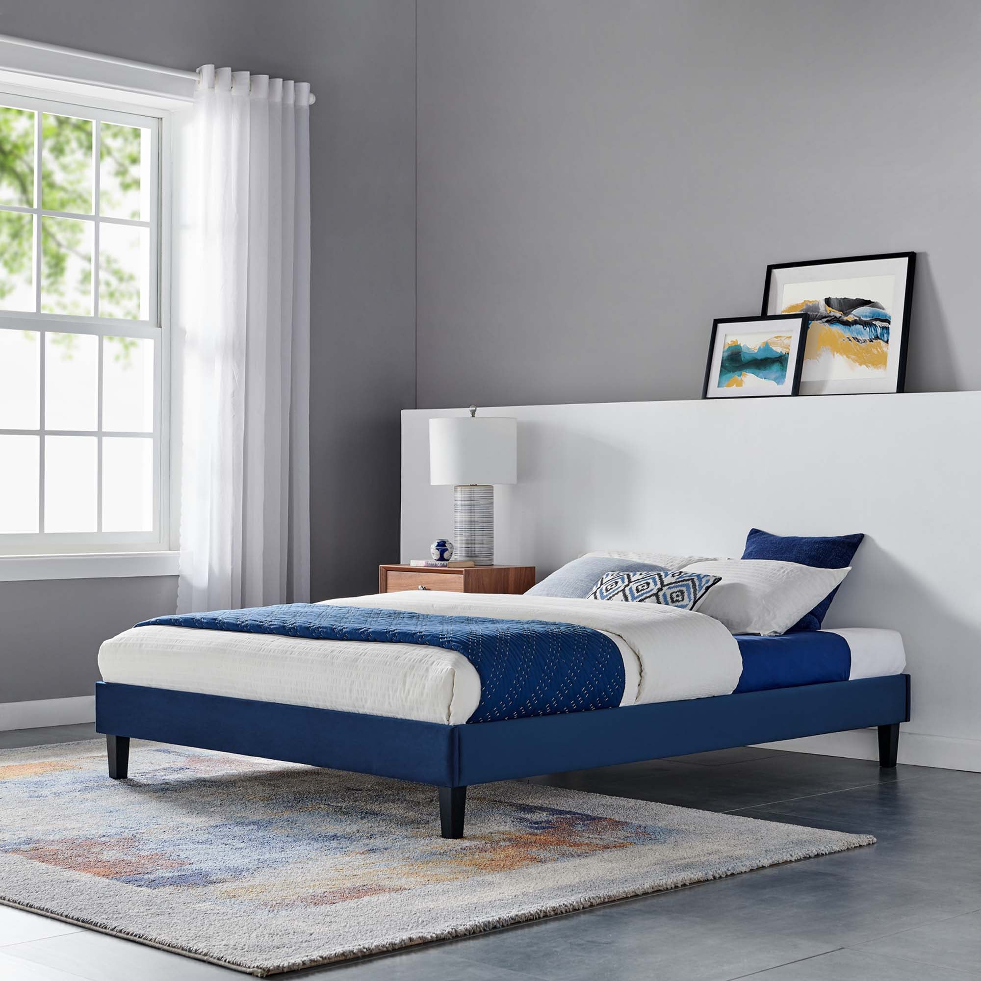 Twin Navy Saunter Performance Velvet Platform Bed Frame – Upholstered with Wood Slats