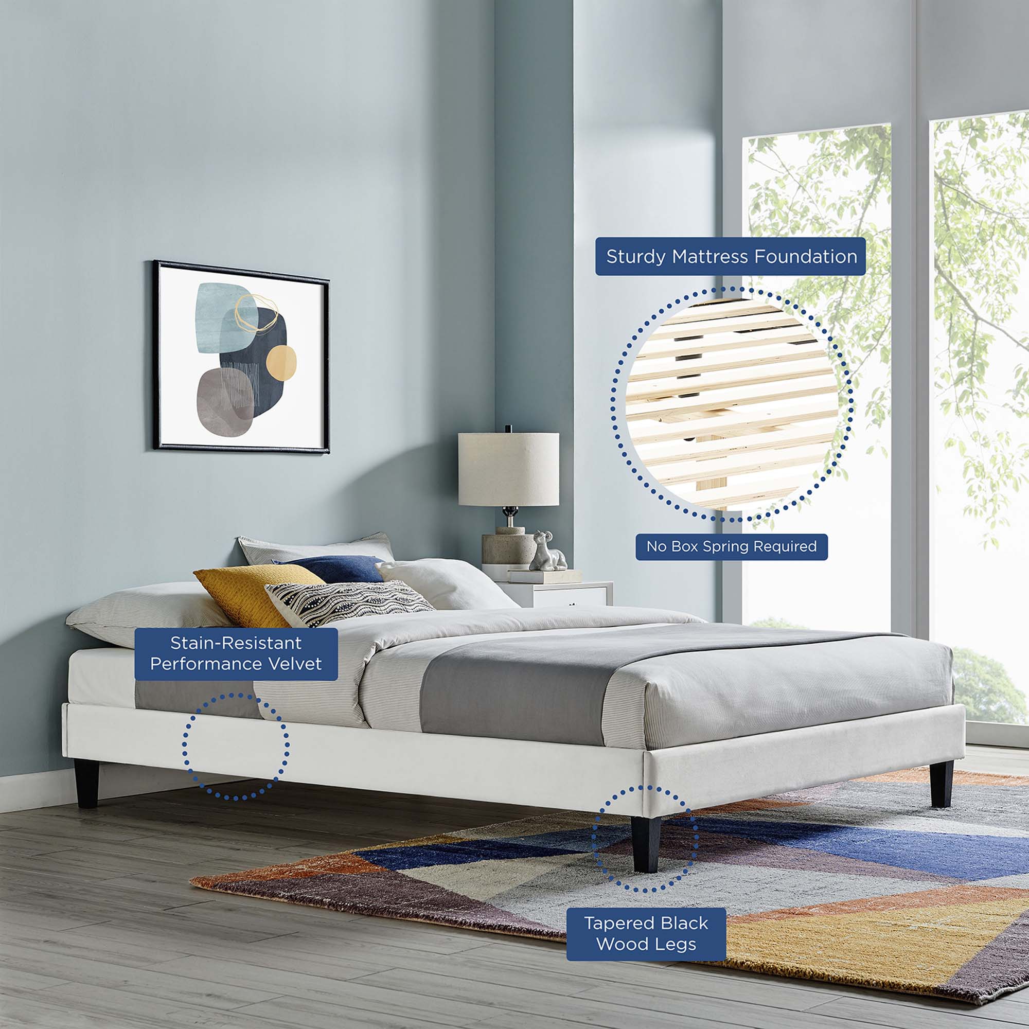 Reign Performance Velvet Full Platform Bed Frame, Light Gray