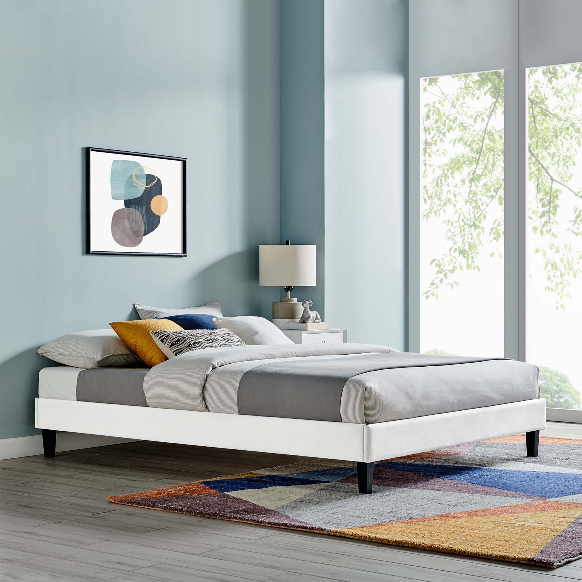 Serenity White Full Size Performance Velvet Platform Bed Frame No Box Spring Required