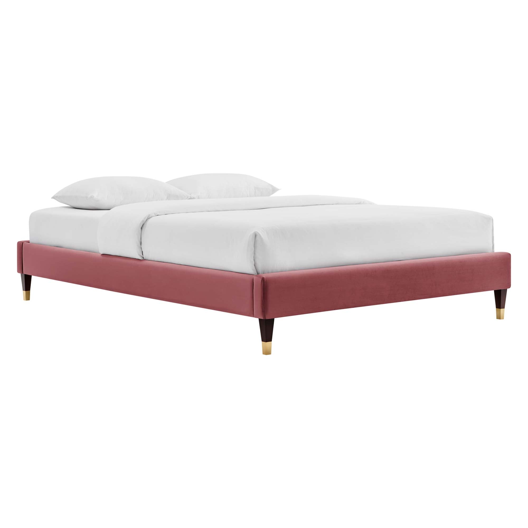 Minrah Twin White Platform Bed Frame – Performance Velvet with Gold Details