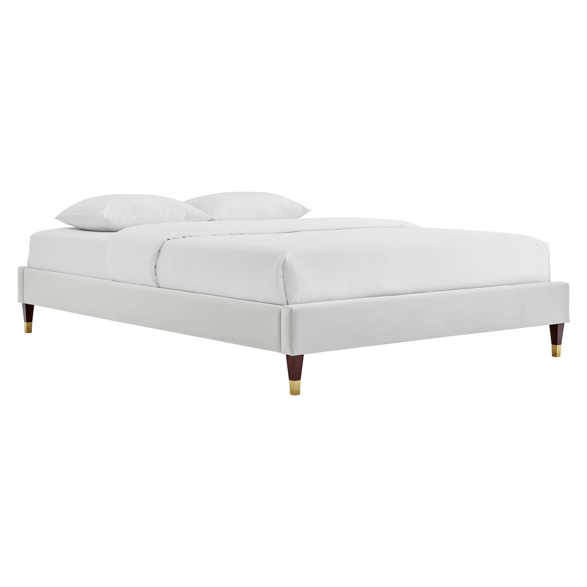 Perlin Full Performance Velvet Platform Bed – White Upholstered with Gold Legs