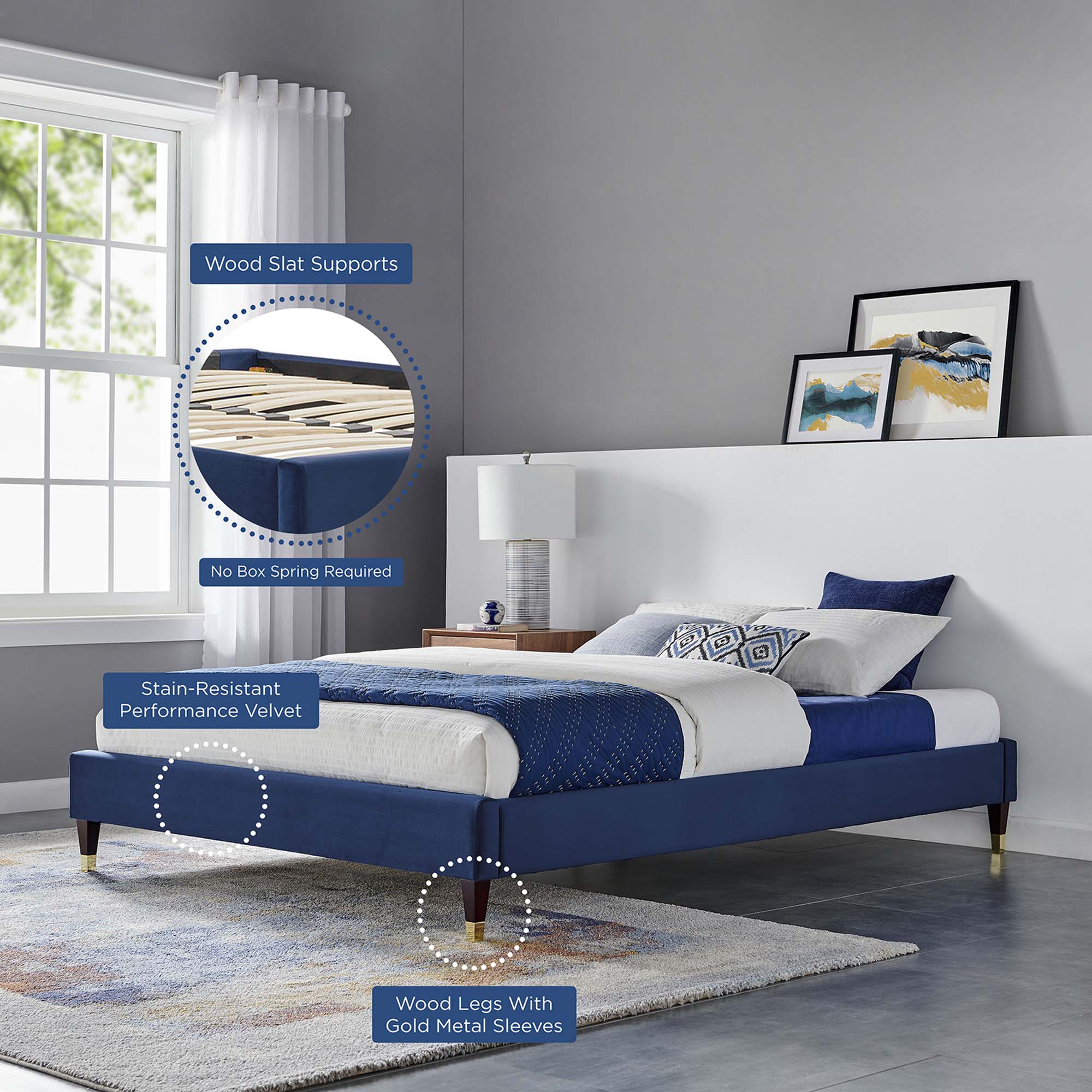 Harlow Performance Velvet Full Platform Bed Frame, Navy