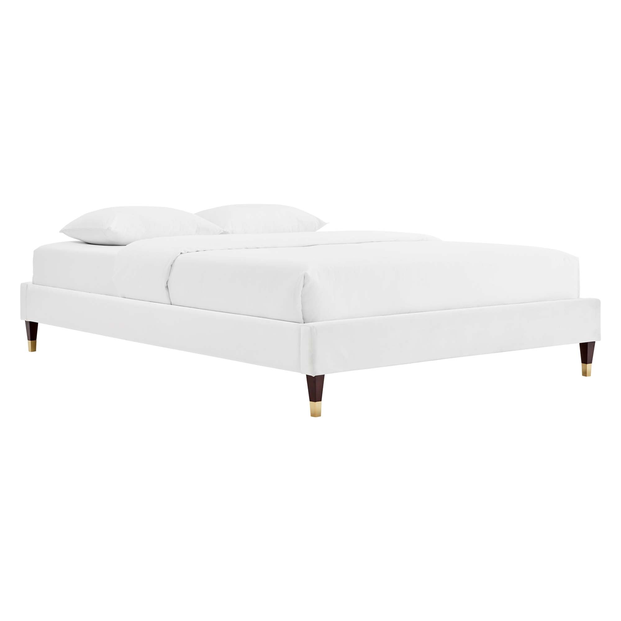 Perlin Full Performance Velvet Platform Bed White Upholstered with Gold Legs