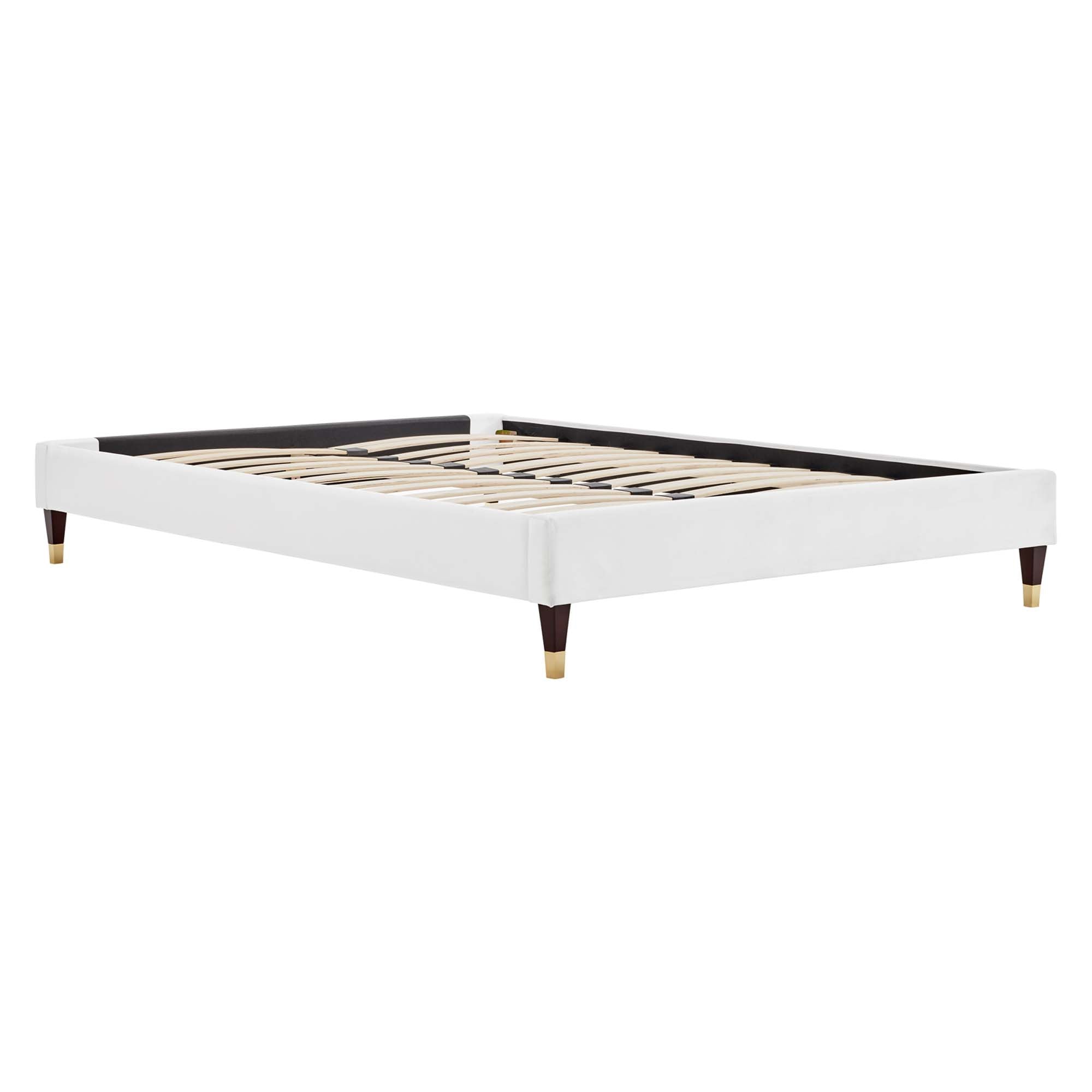 Perlin Full Performance Velvet Platform Bed White Upholstered with Gold Legs