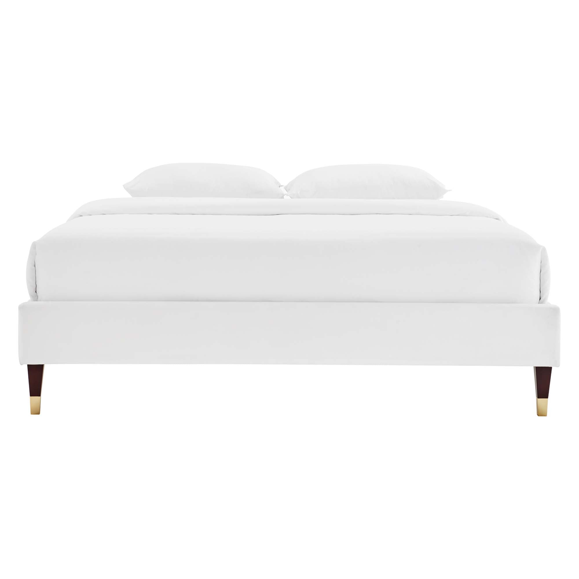 Perlin Full Performance Velvet Platform Bed White Upholstered with Gold Legs