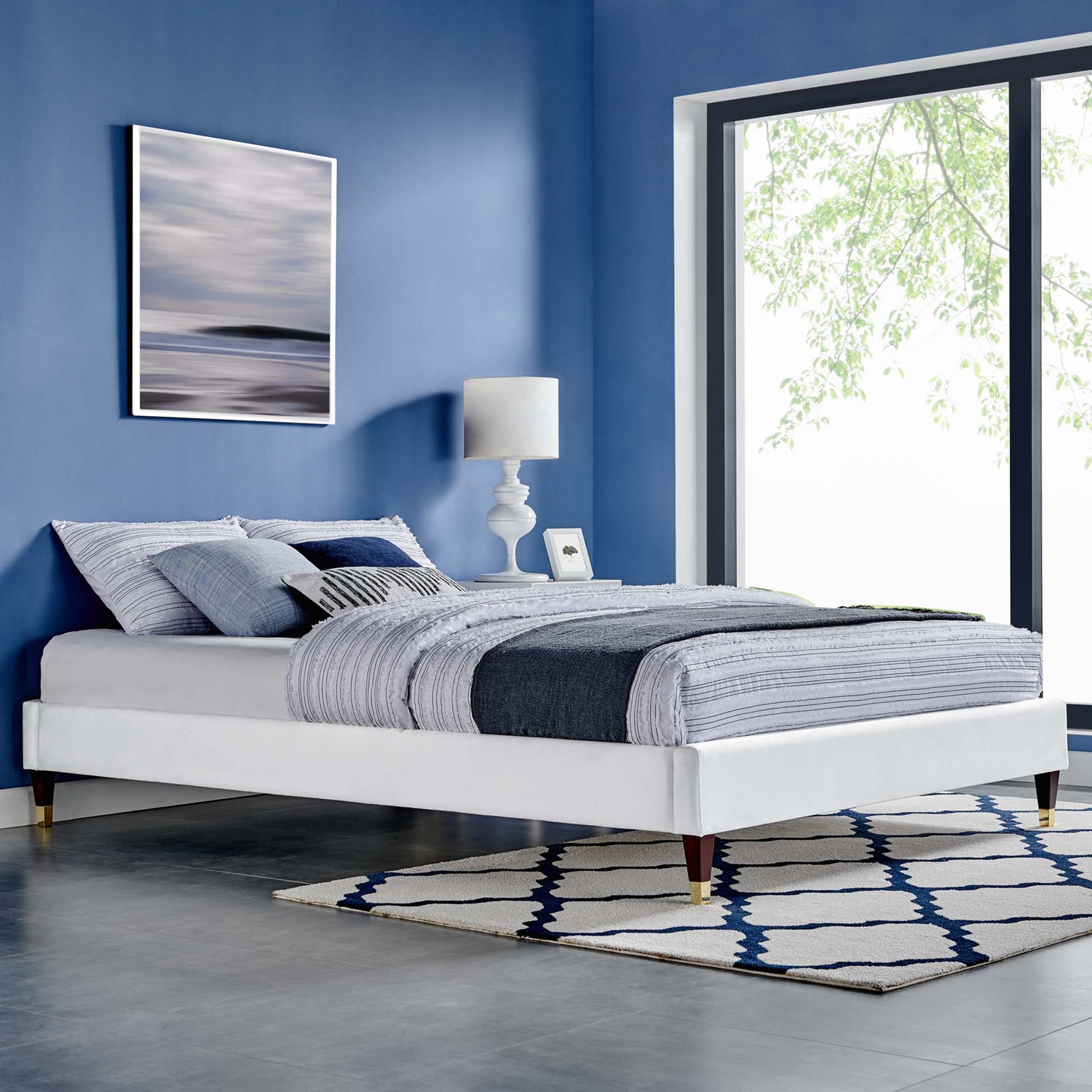 Perlin Full Performance Velvet Platform Bed White Upholstered with Gold Legs