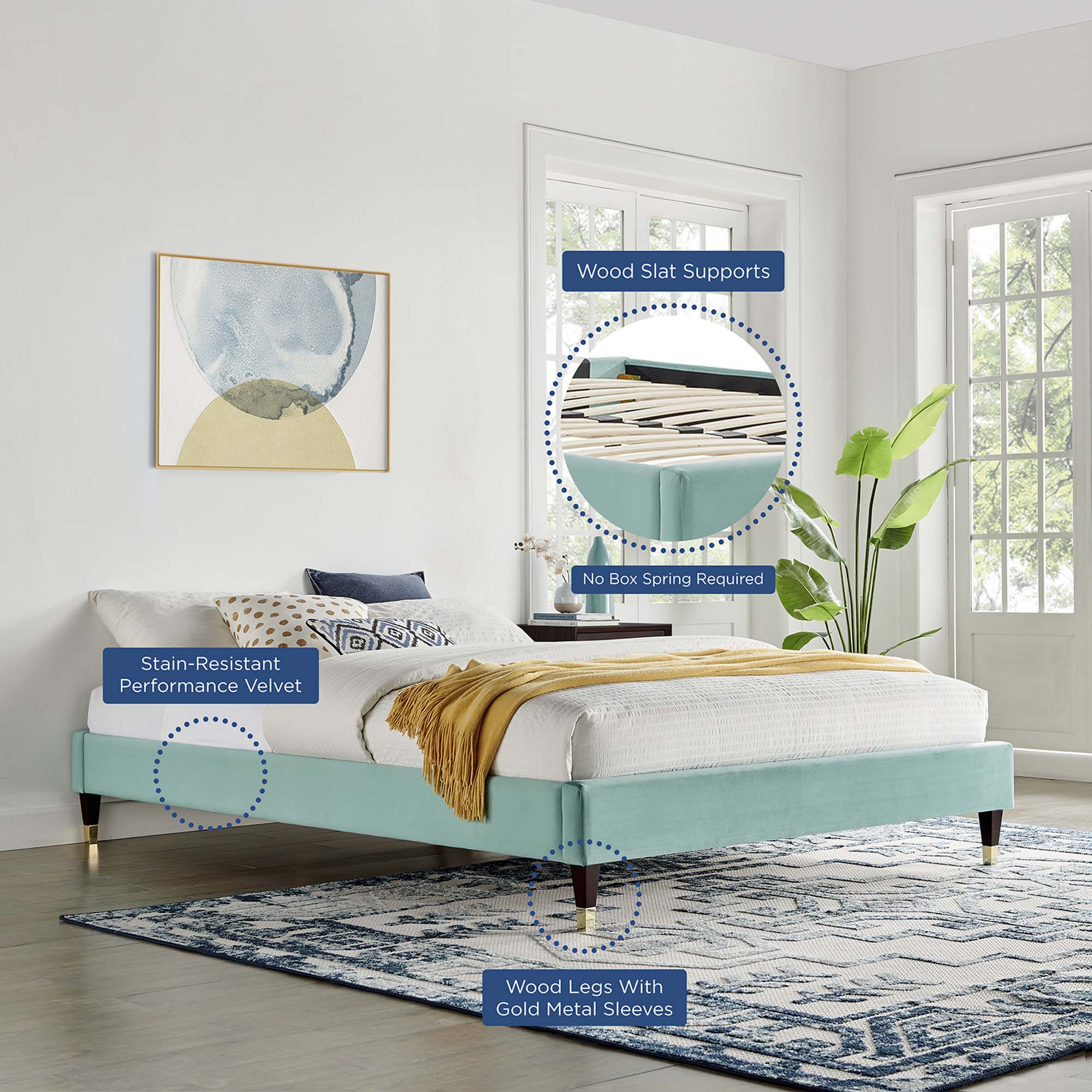 Orweth Queen Performance Velvet Platform Bed Stain Resistant Frame
