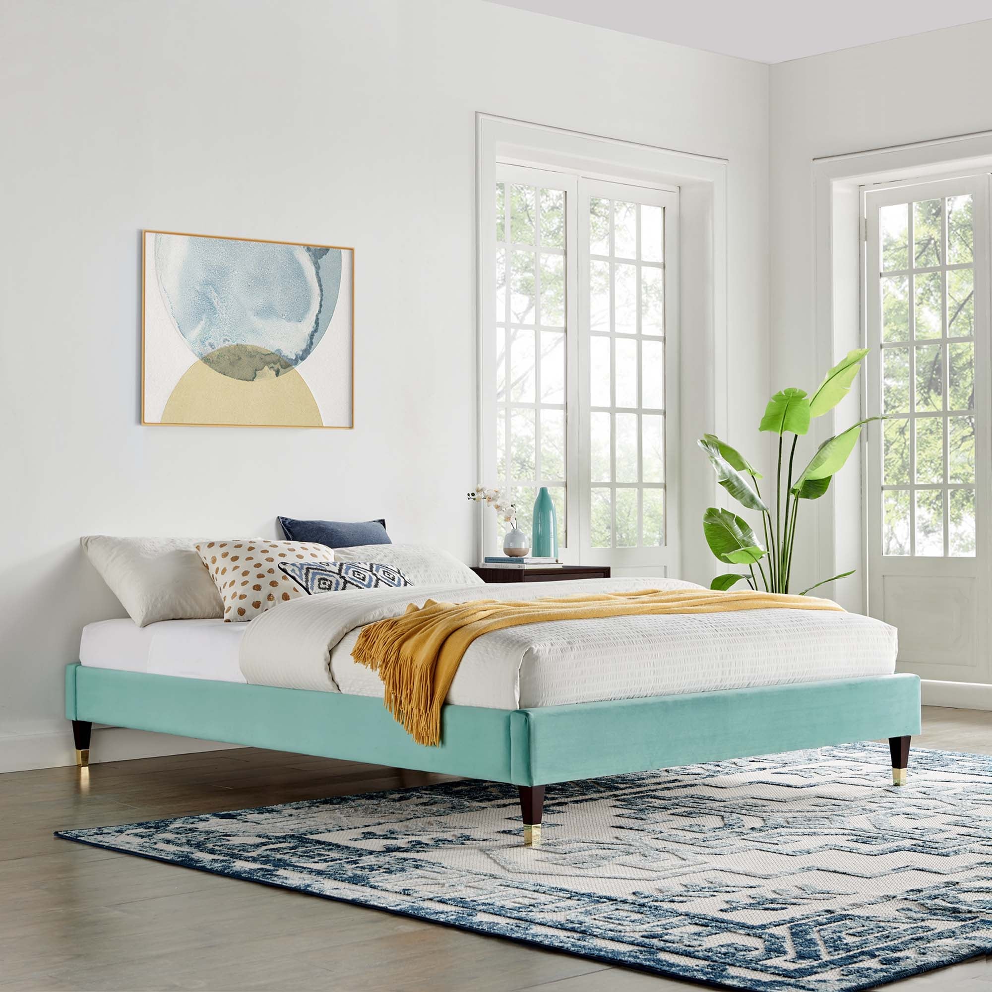 Orweth Queen Performance Velvet Platform Bed Stain Resistant Frame