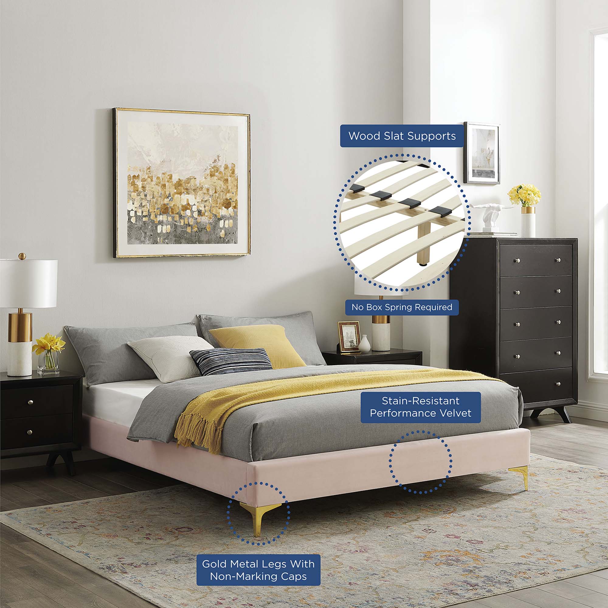 Sutton Performance Velvet Queen Bed Frame, Pink