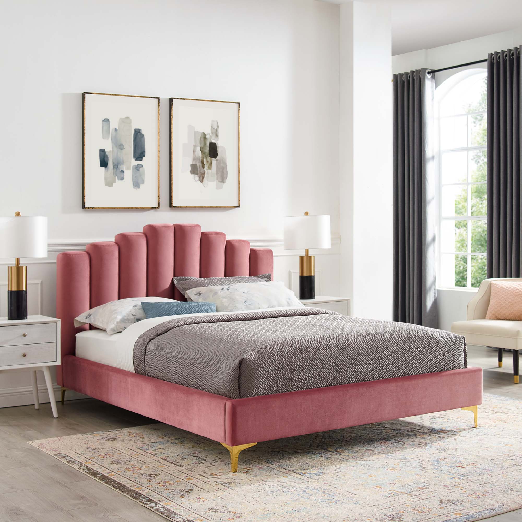 Whisk Channel Tufted Queen Platform Bed – Dusty Rose Performance Velvet