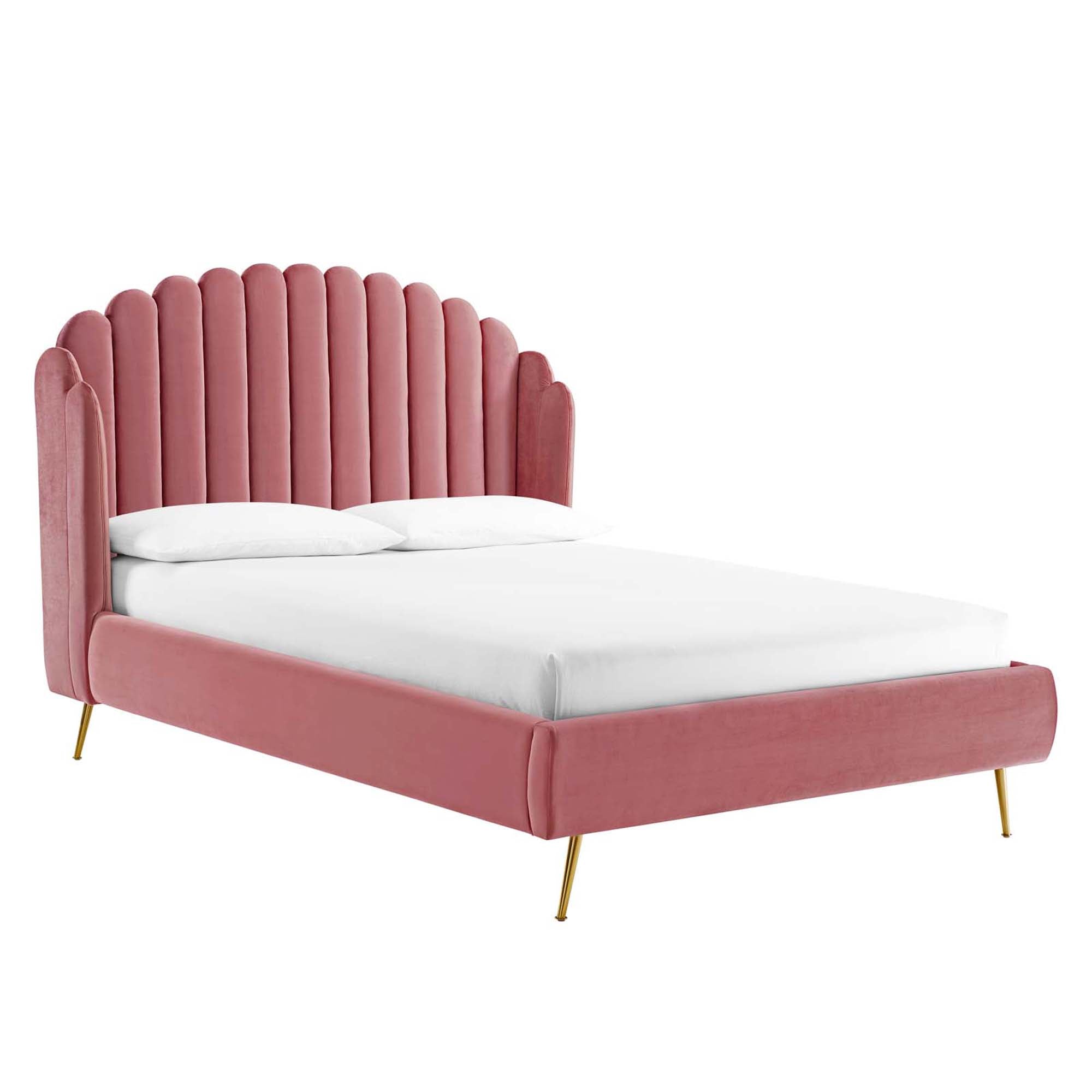Edge Queen Performance Velvet Platform Bed – Modern Wingback with Scalloped Headboard