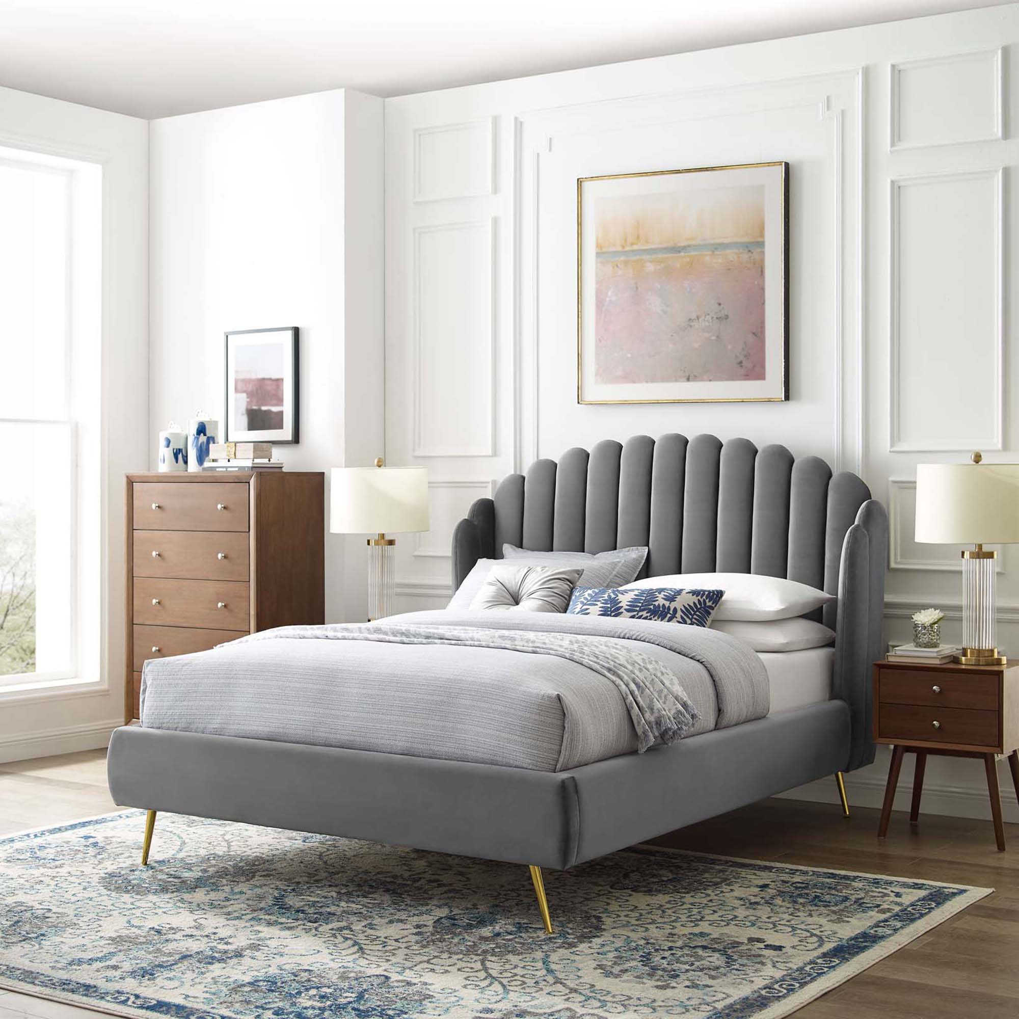 Lana Performance Velvet Queen Wingback Platform Bed, Gray