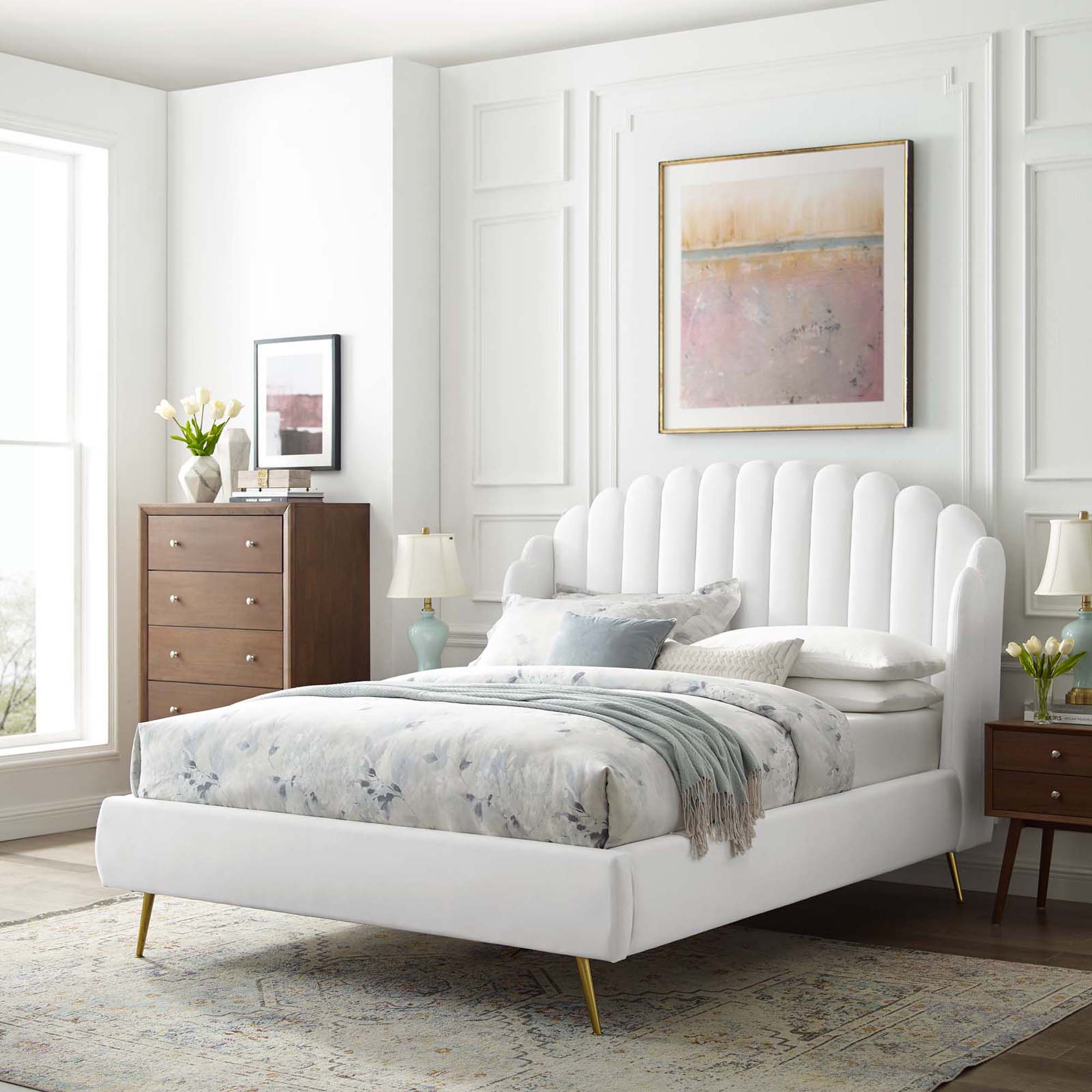 Edge Queen Performance Velvet Platform Bed – Modern Wingback with Scalloped Headboard