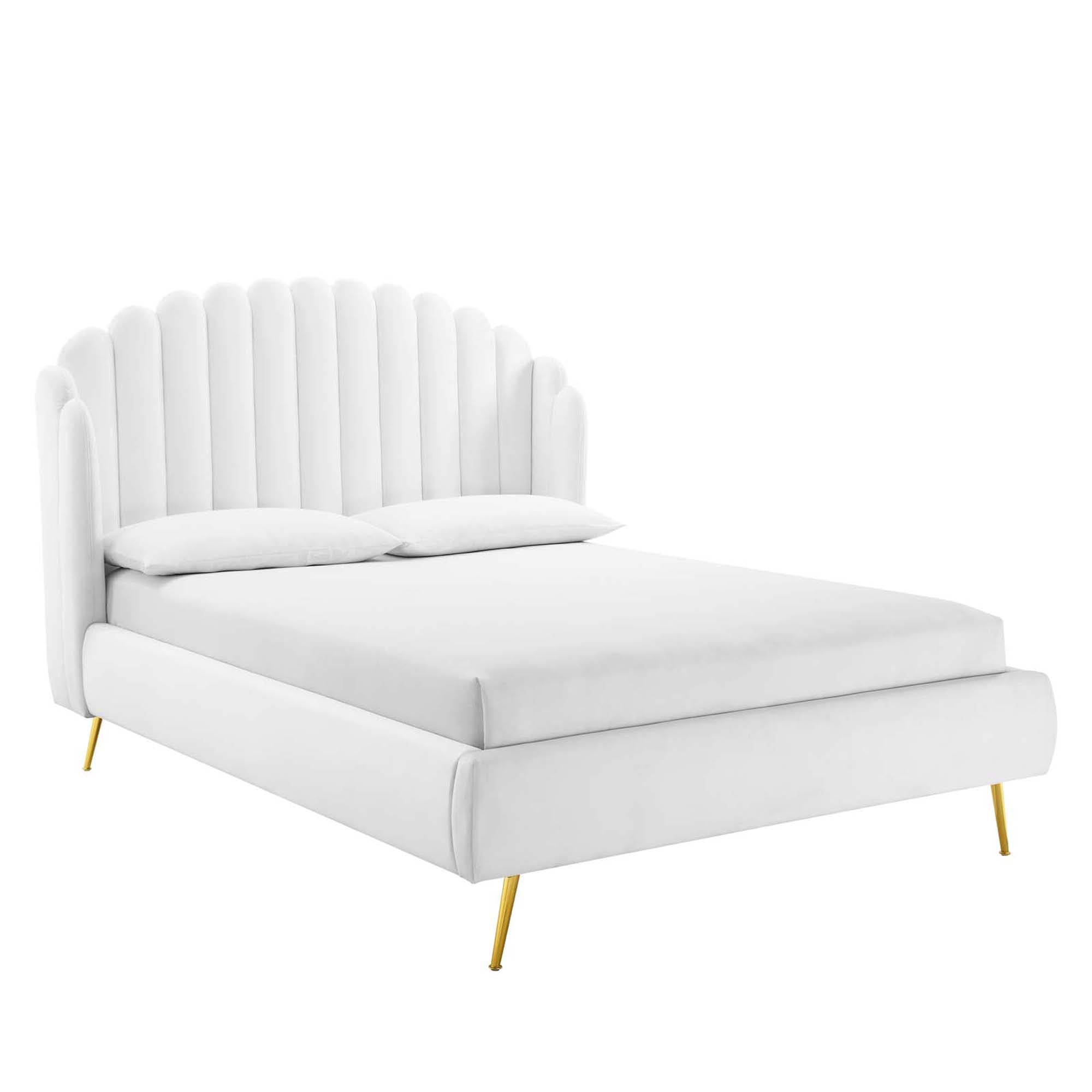 Edge Queen Performance Velvet Platform Bed Modern Wingback with Scalloped Headboard