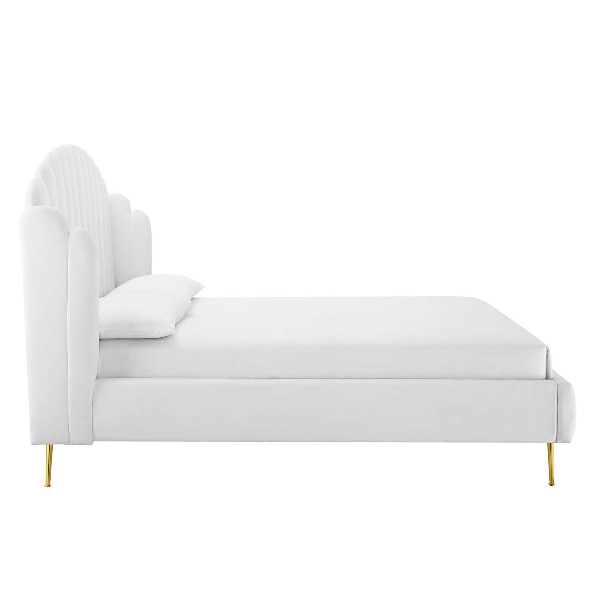 Edge Queen Performance Velvet Platform Bed Modern Wingback with Scalloped Headboard