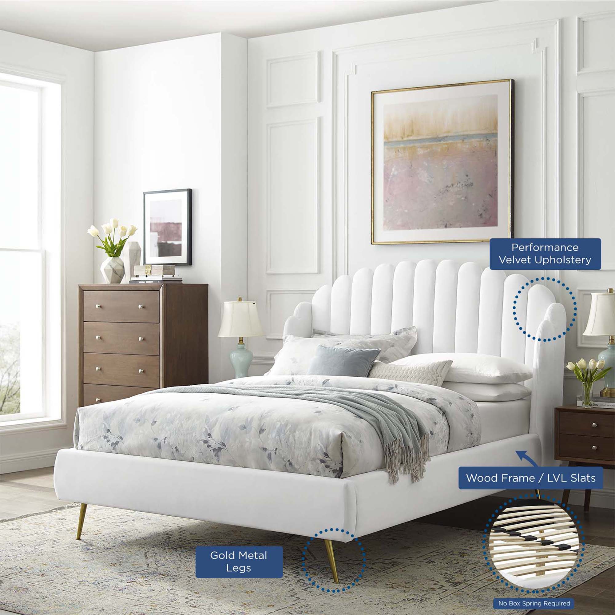 Edge Queen Performance Velvet Platform Bed Modern Wingback with Scalloped Headboard