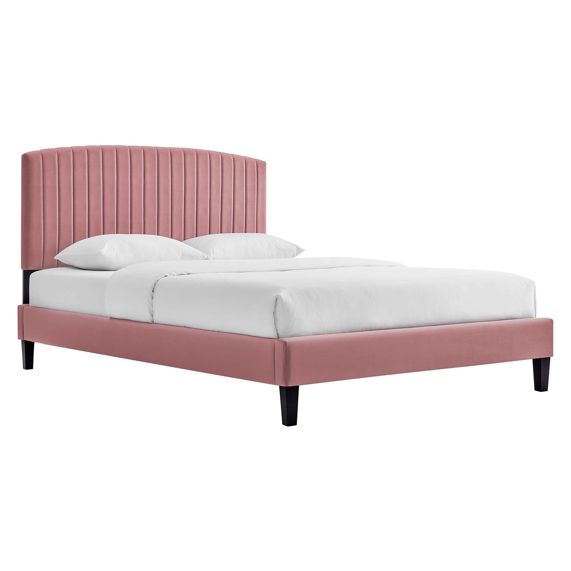 Mera Alessi Queen Dusty Rose Velvet Platform Bed – Modern Channel Tufted Headboard