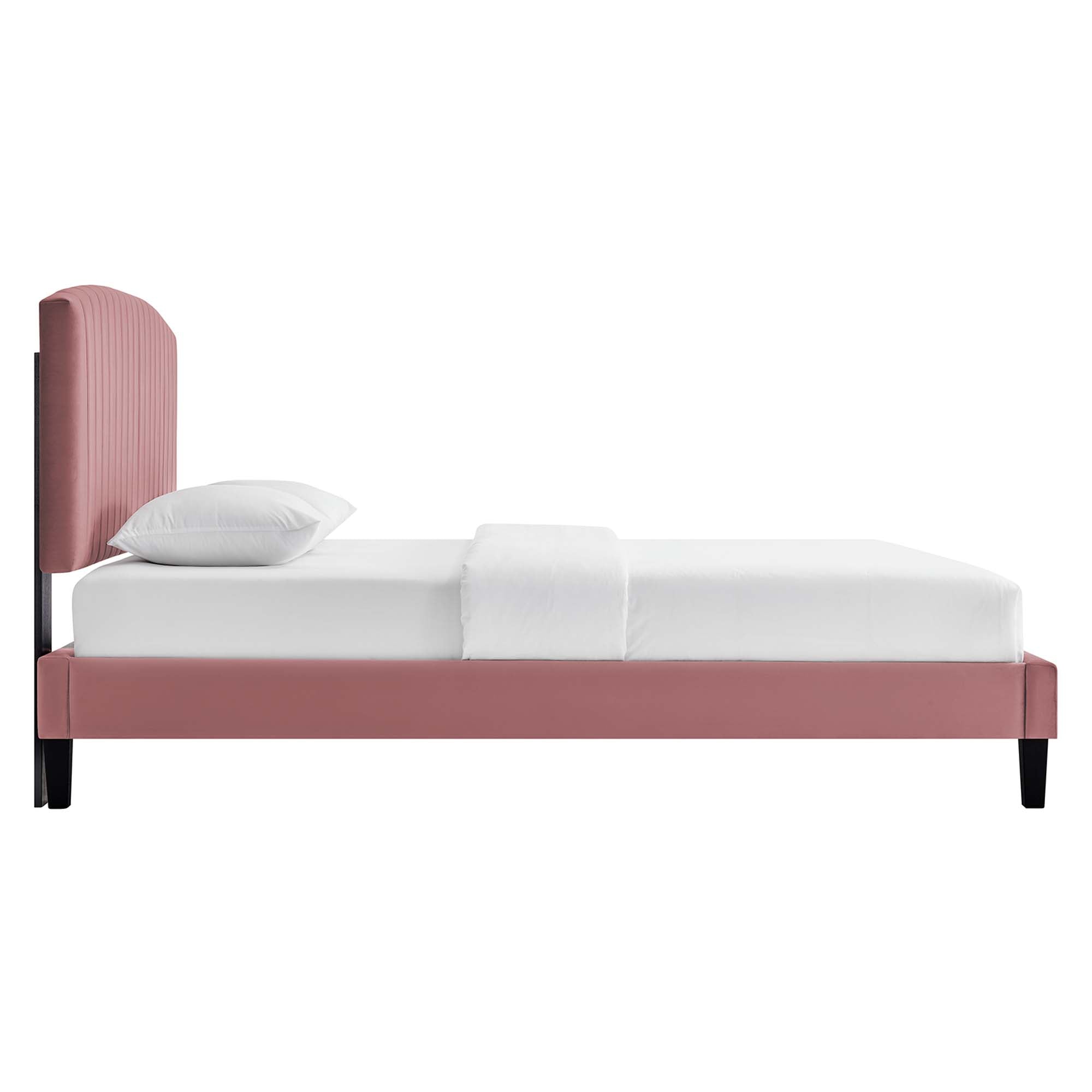 Mera Alessi Queen Dusty Rose Velvet Platform Bed Modern Channel Tufted Headboard