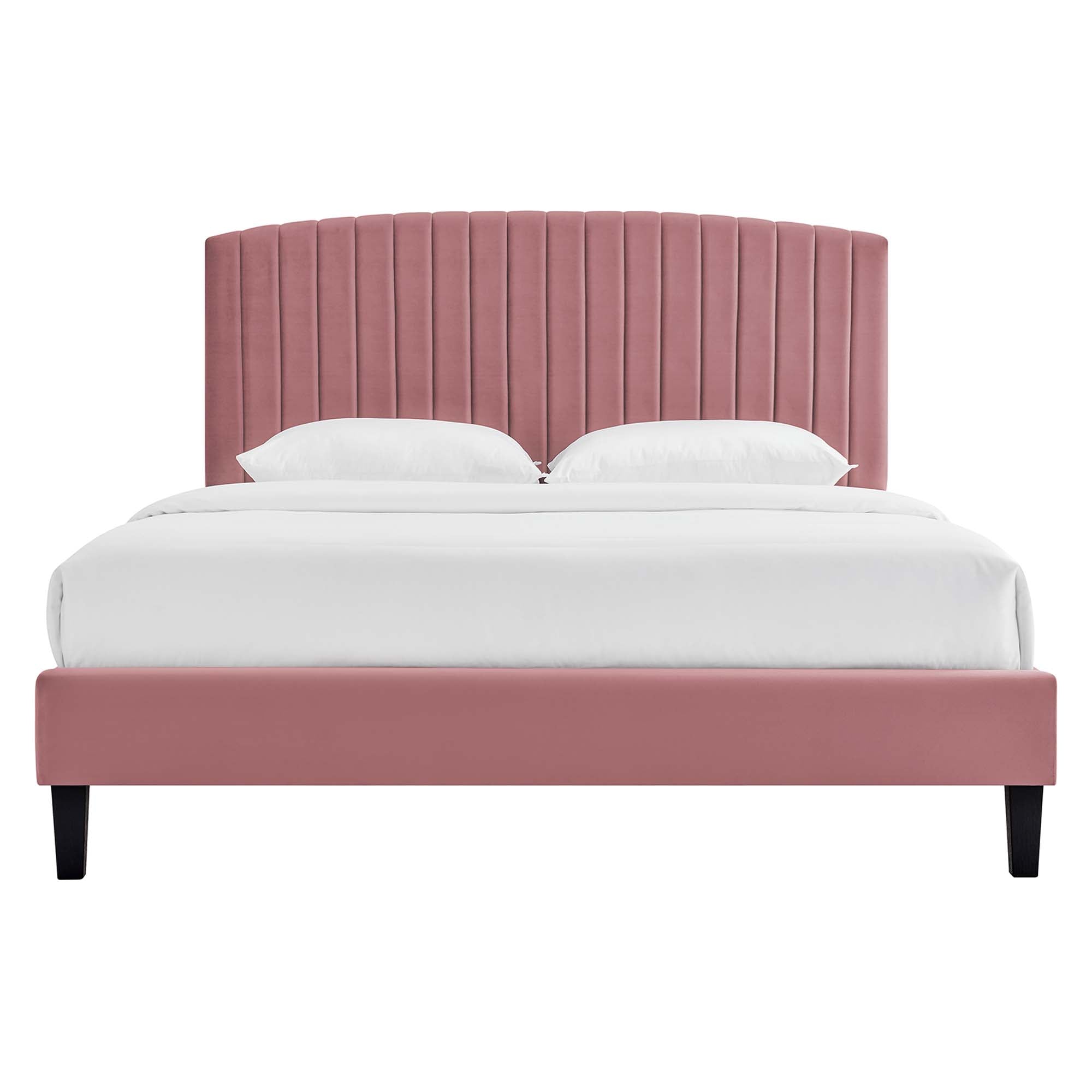 Mera Alessi Queen Dusty Rose Velvet Platform Bed – Modern Channel Tufted Headboard