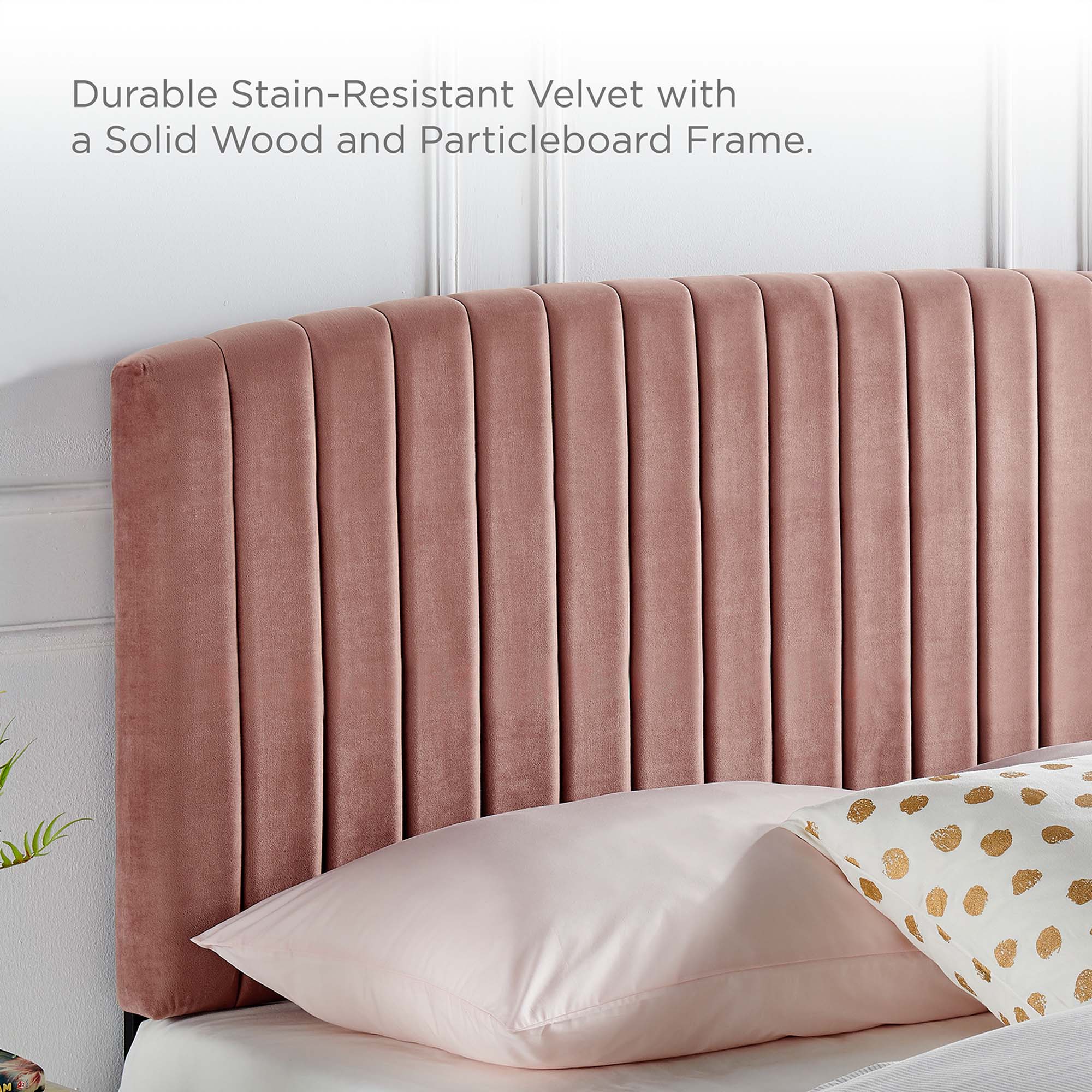 Mera Alessi Queen Dusty Rose Velvet Platform Bed – Modern Channel Tufted Headboard