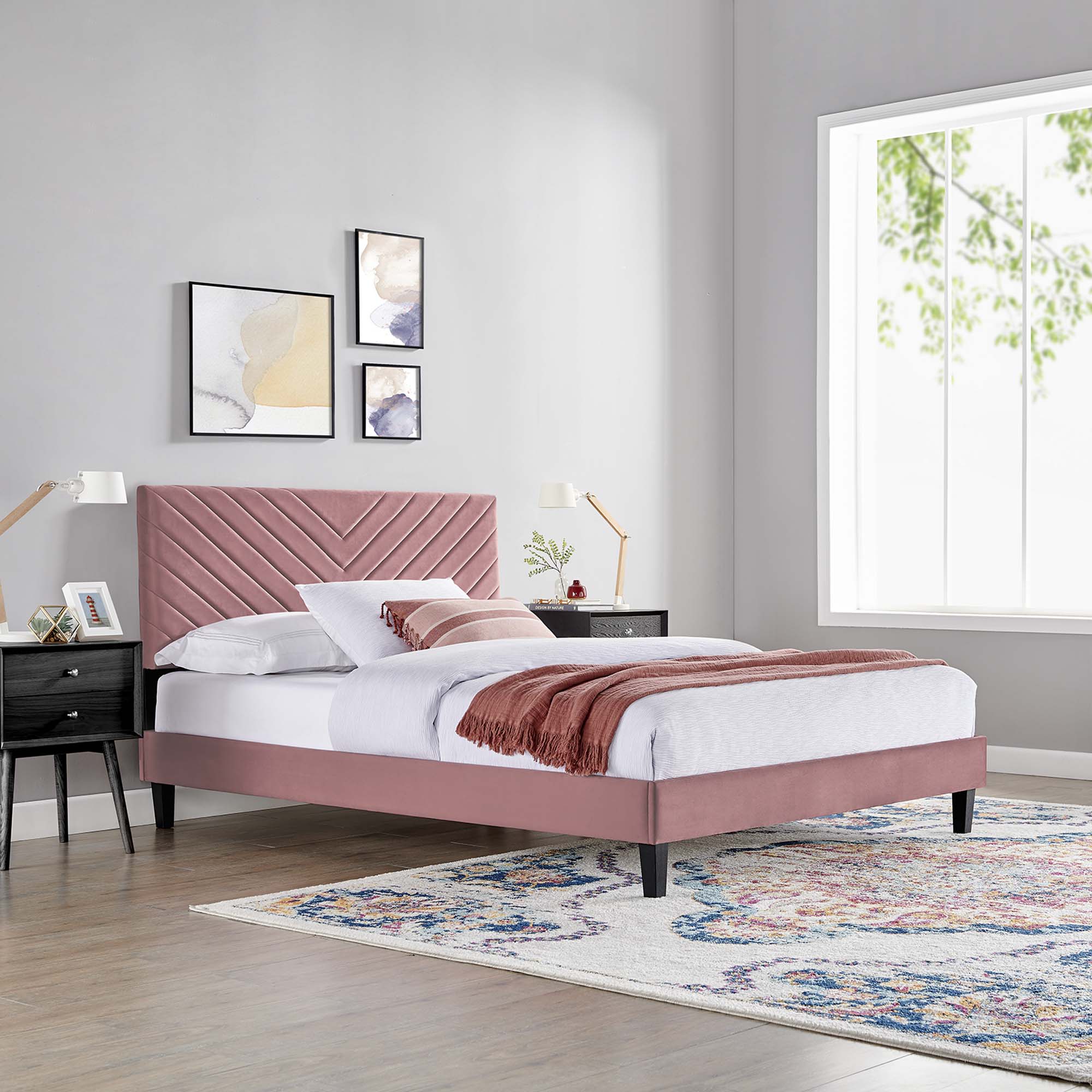 Roxanne Dusty Rose Performance Velvet Queen Platform Bed