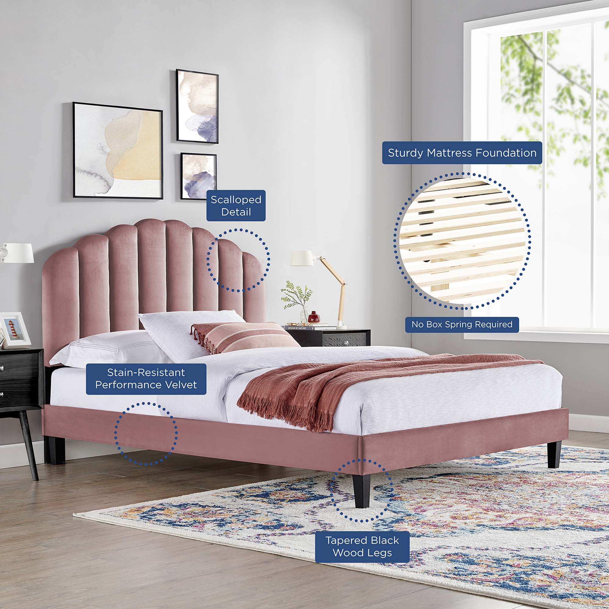 Daisy Performance Velvet Queen Platform Bed, Dusty Rose