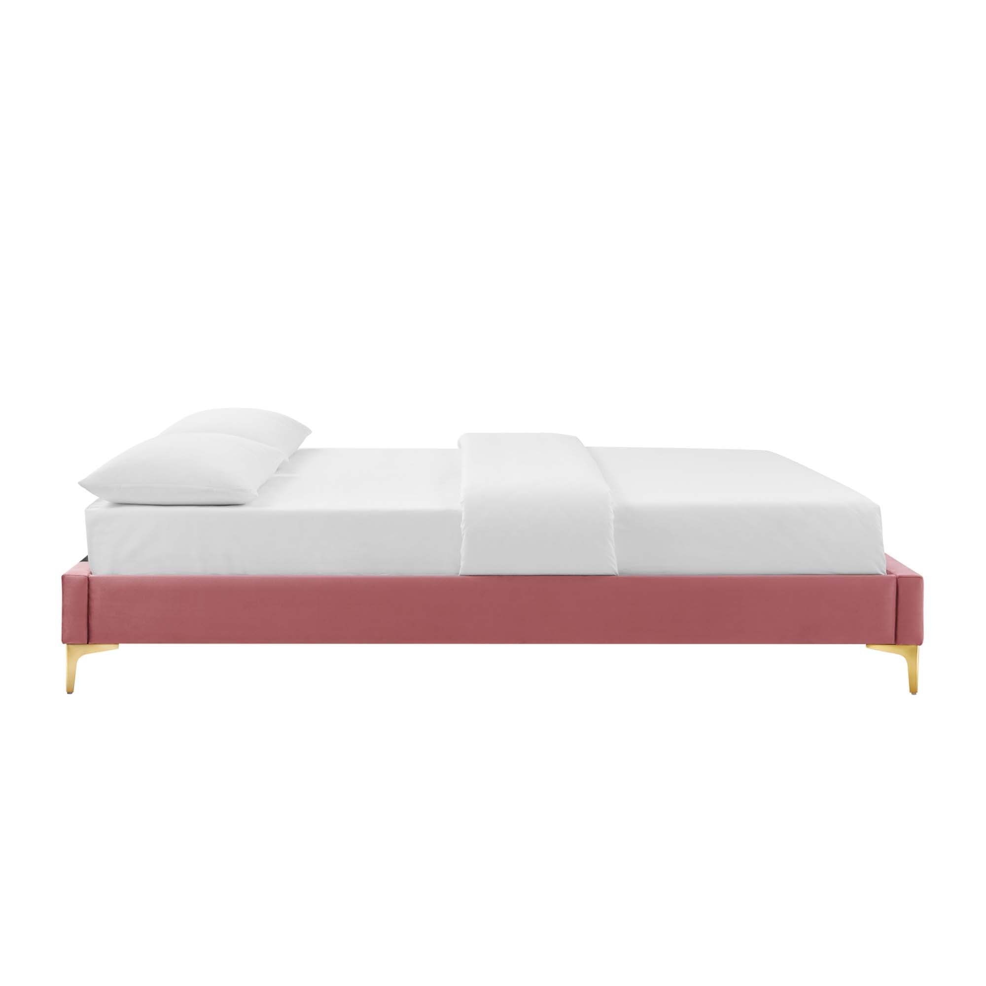Dusty Rose Bellwyn Queen Velvet Platform Bed Frame – Stain-Resistant with Gold Metal Legs