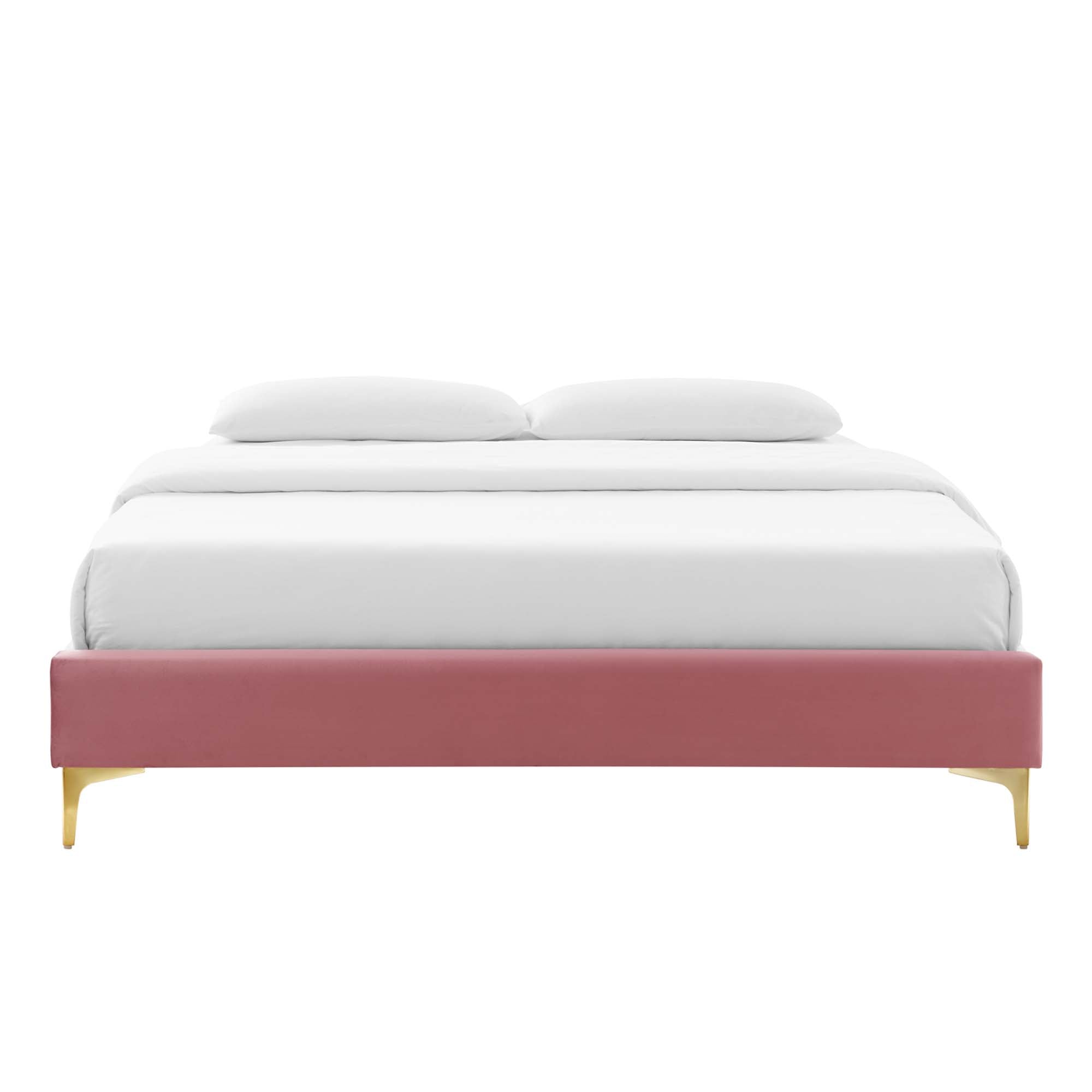 Dusty Rose Bellwyn Queen Velvet Platform Bed Frame – Stain-Resistant with Gold Metal Legs
