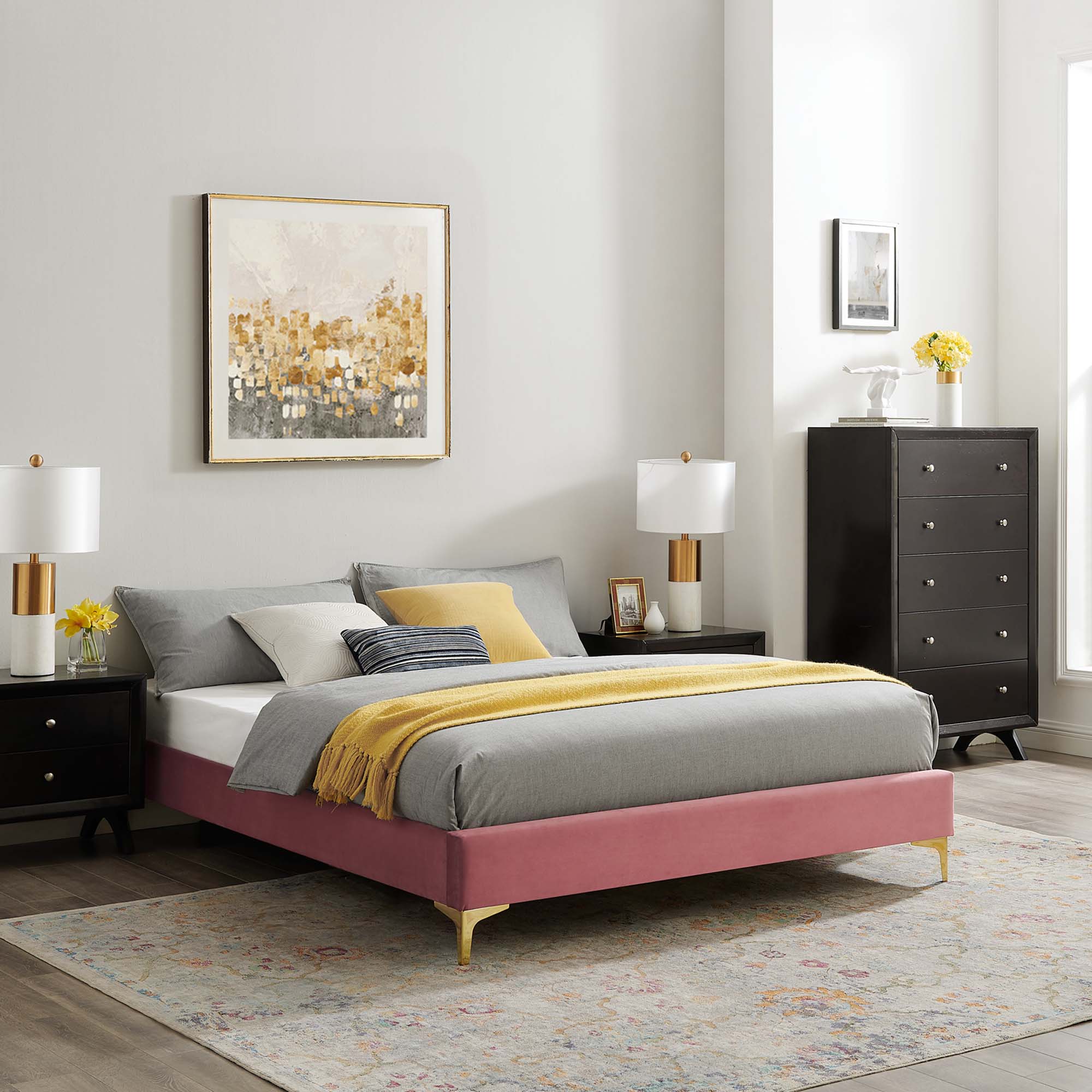 Dusty Rose Bellwyn Queen Velvet Platform Bed Frame – Stain-Resistant with Gold Metal Legs
