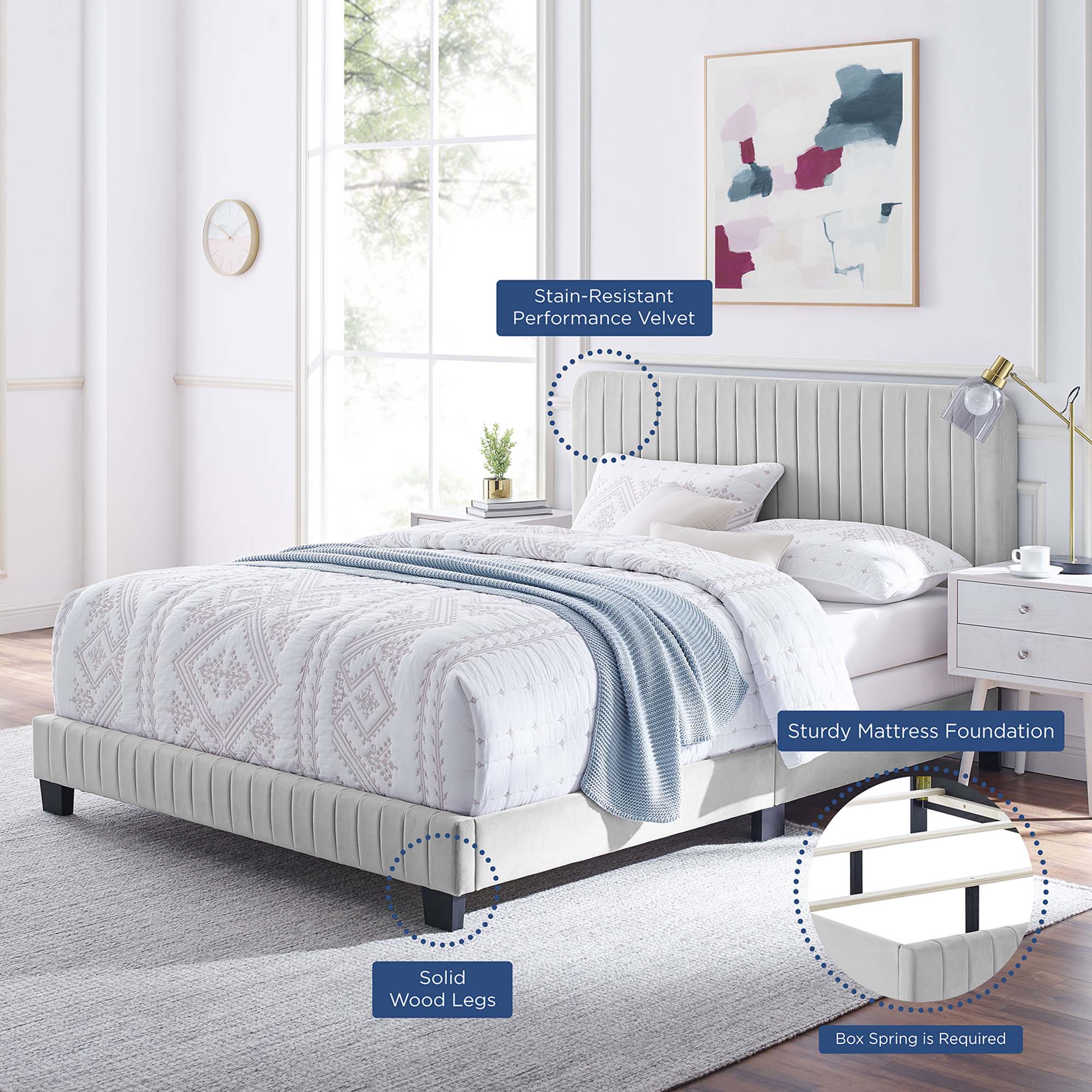 Quorra King Channel Tufted Panel Bed – Light Grey Performance Velvet Upholstered