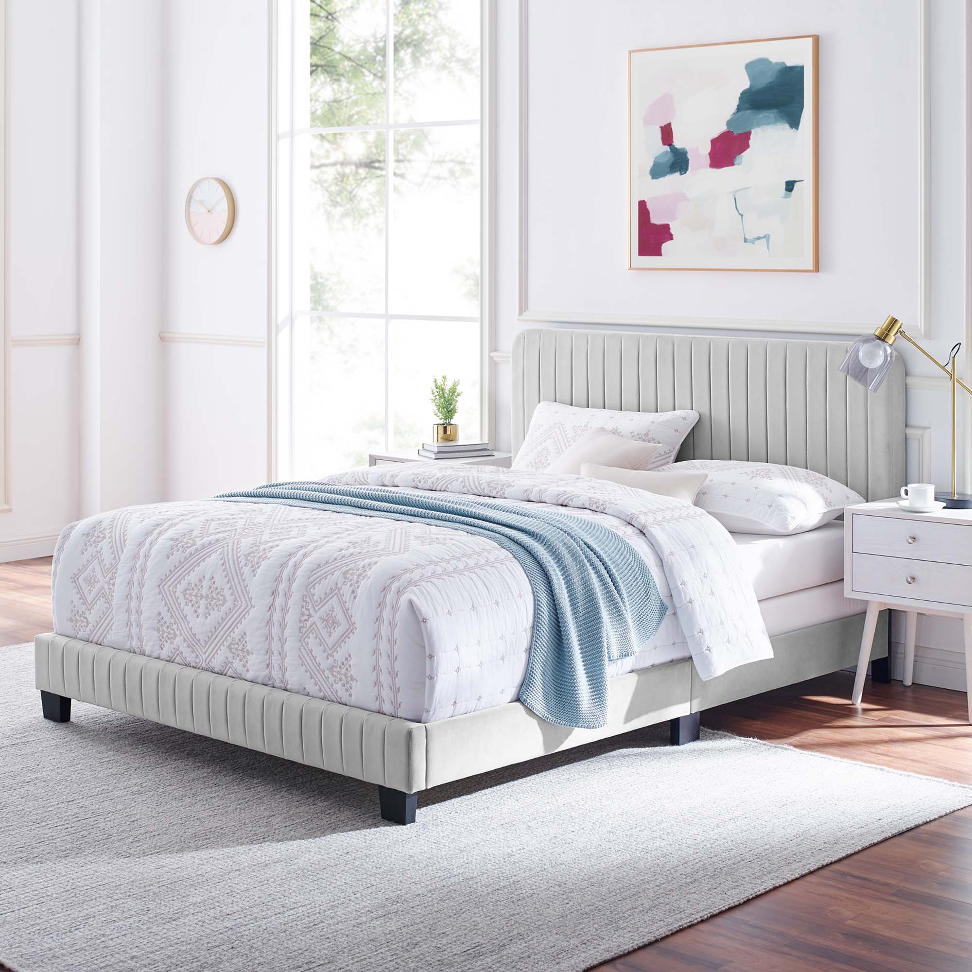 Quorra King Channel Tufted Panel Bed – Light Grey Performance Velvet Upholstered