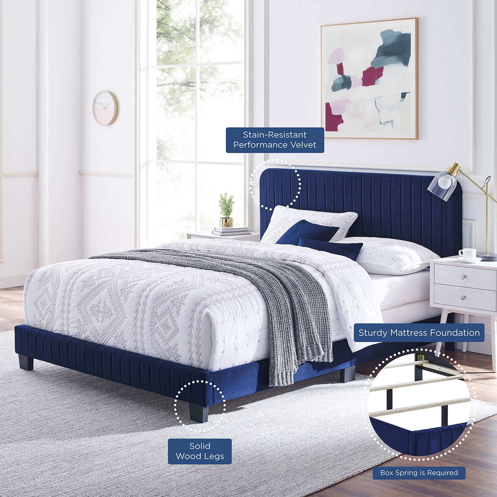 Selora Full Performance Velvet Upholstered Bed – Channel Tufted Headboard Frame